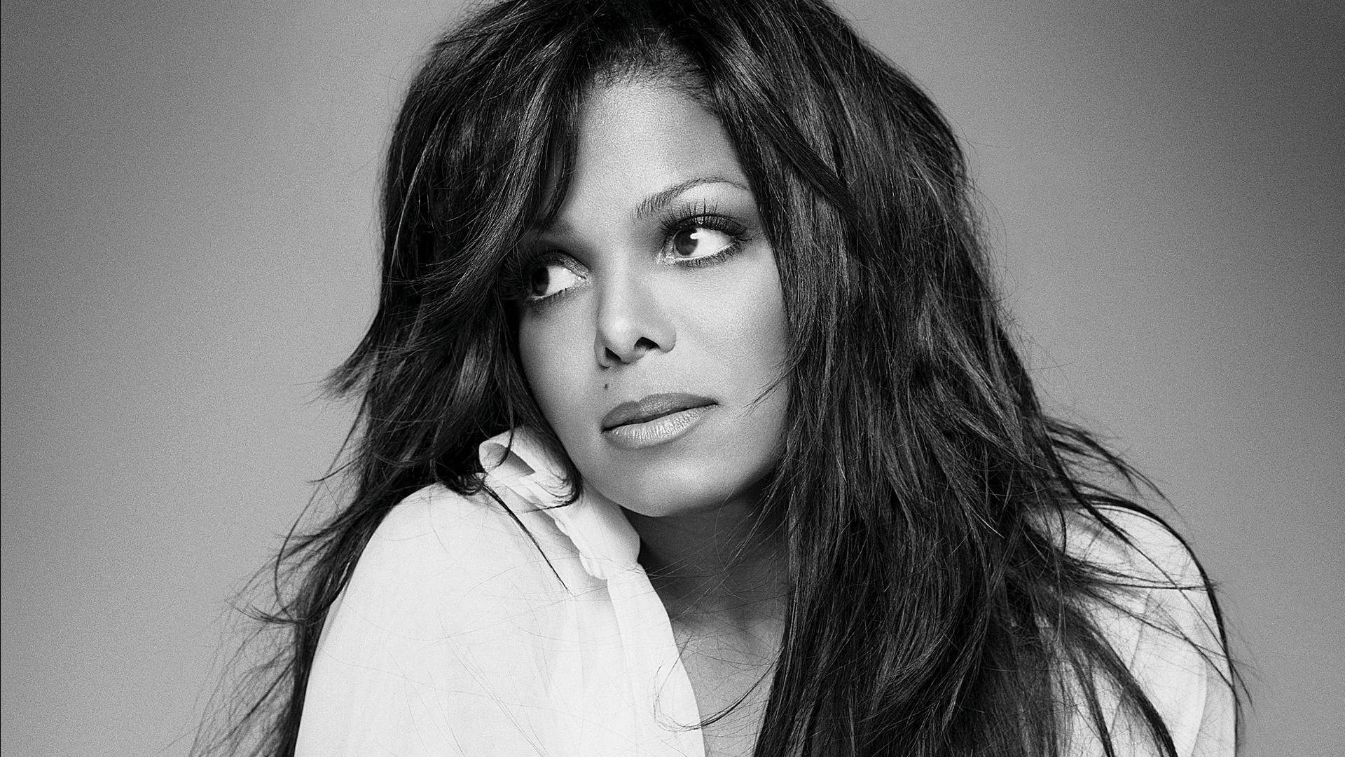 Janet Jackson, monochrome, black and white portrait, Full HD Desktop Wallpaper