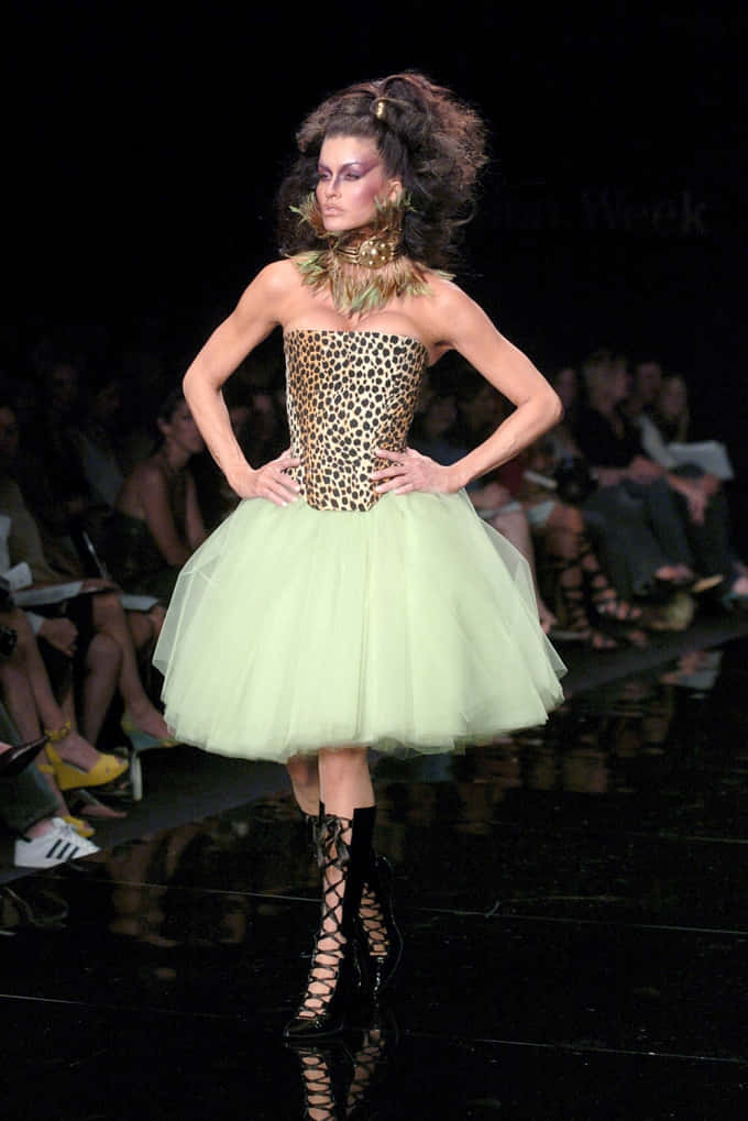Janice Dickinson, leopard-print corset, pale green tulle skirt, SD Phone Wallpaper