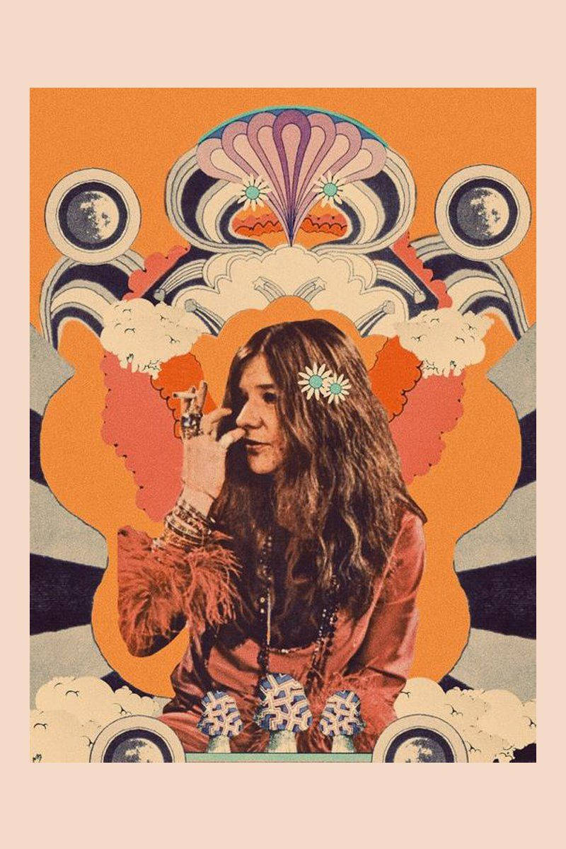Janis Joplin, vintage psychedelic illustration, long-haired woman, SD Phone Wallpaper