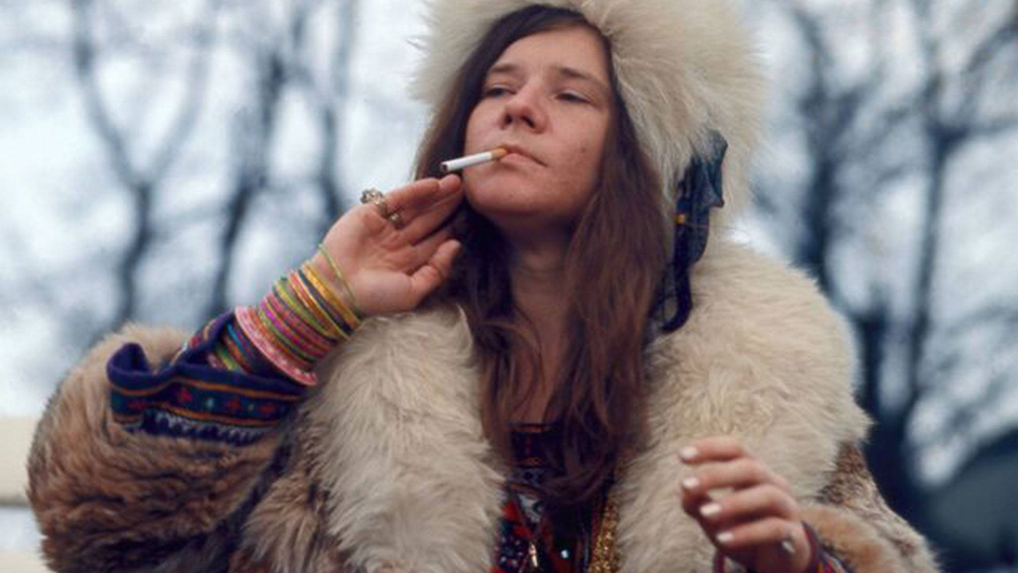 Janis Joplin, fur-trimmed coat, patterned sweater, Full HD Desktop Wallpaper