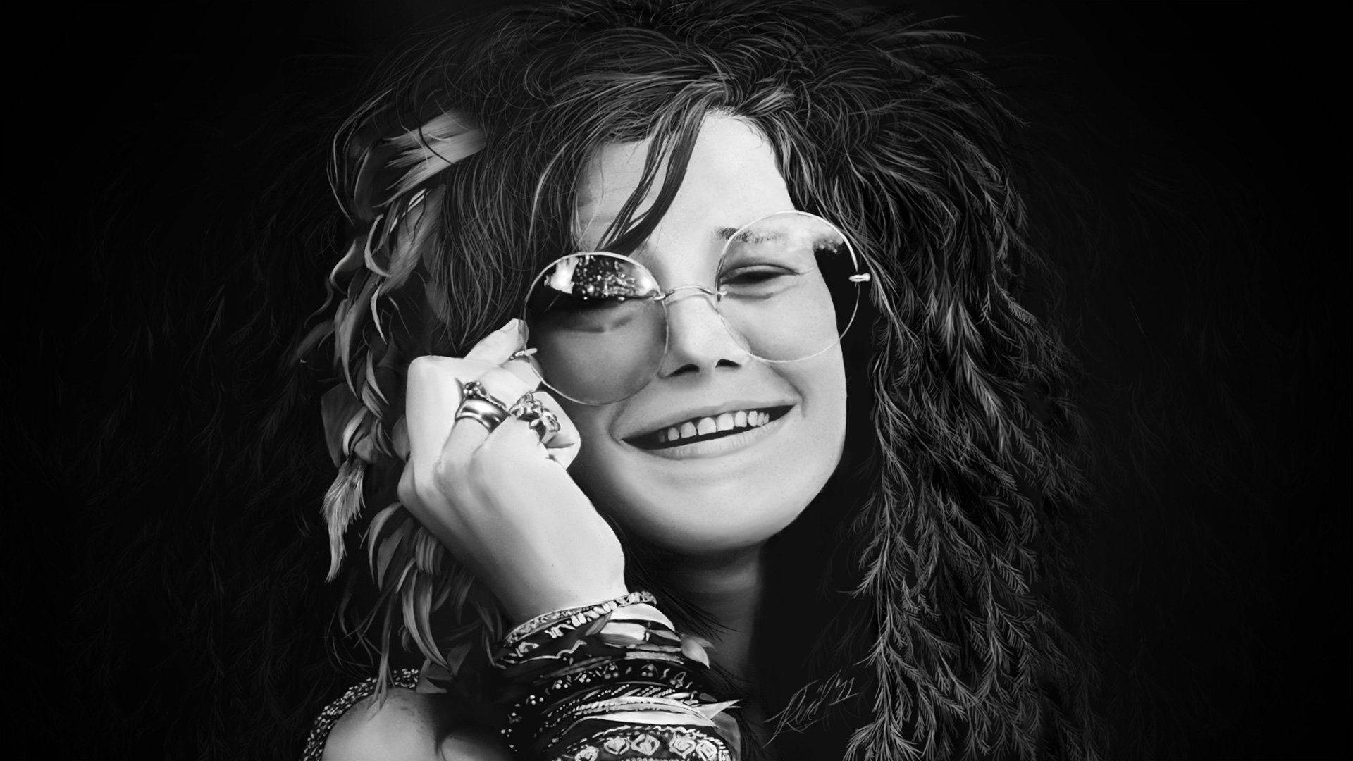 Janis Joplin, black and white portrait, curly hair, Full HD Desktop Wallpaper
