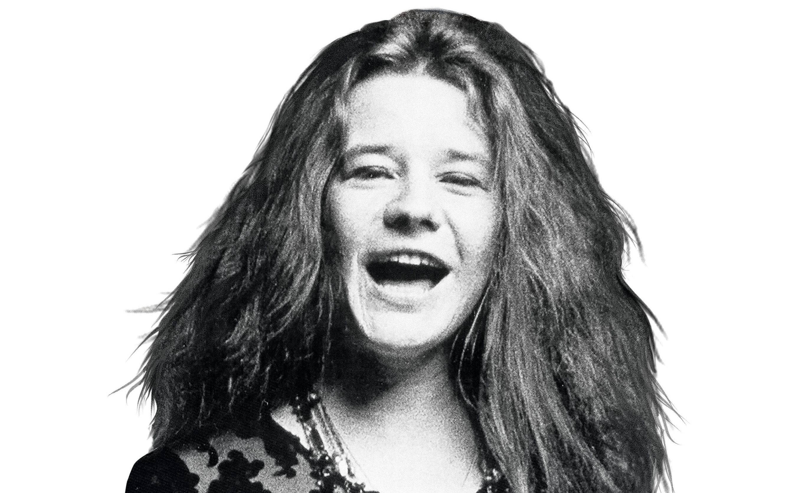 Janis Joplin, black and white portrait, long wavy hair, 2K Desktop Wallpaper