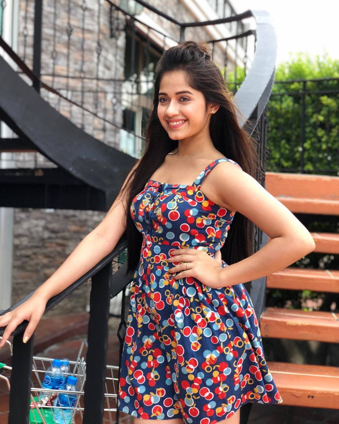 Jannat Zubair, colorful polka-dot dress, modern outdoor staircase, HD Phone Wallpaper