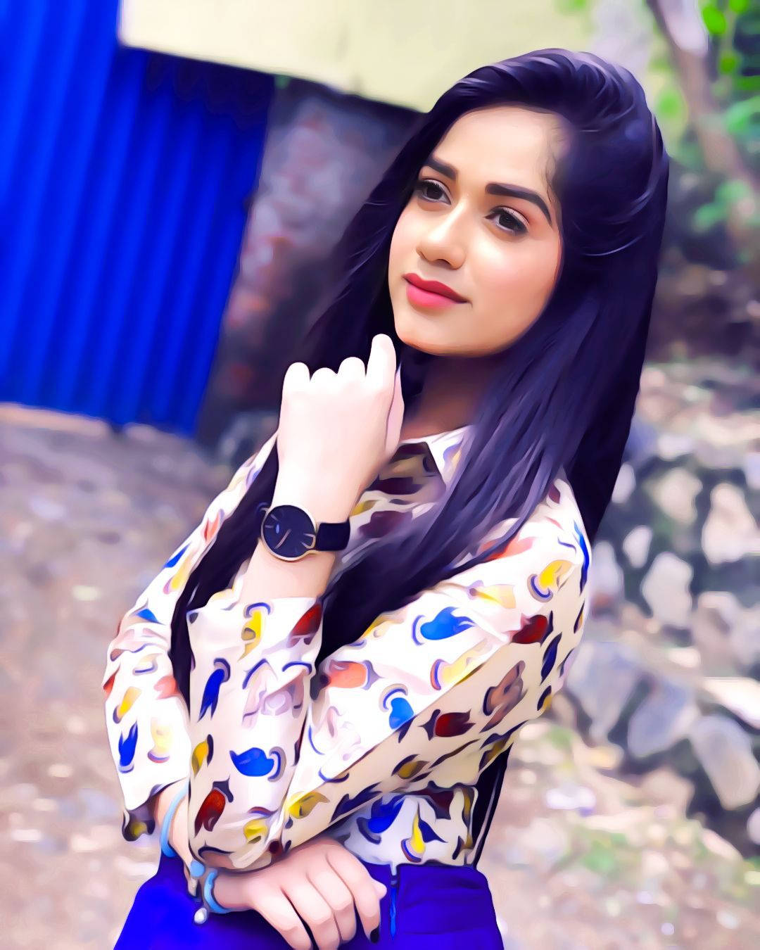 Jannat Zubair, long dark hair, colorful fish-patterned blouse, HD Phone Wallpaper