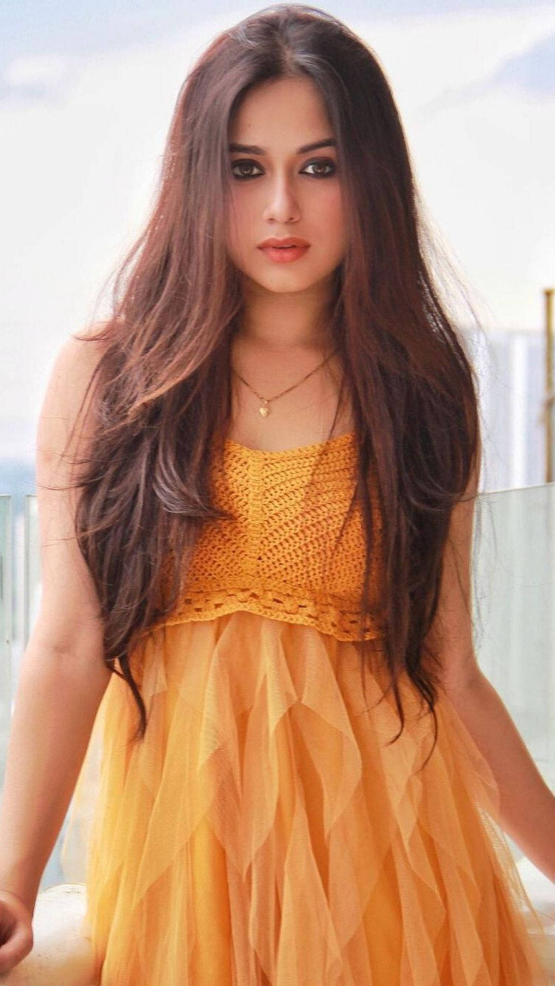 Jannat Zubair, orange crochet top, tulle skirt, Full HD Phone Wallpaper
