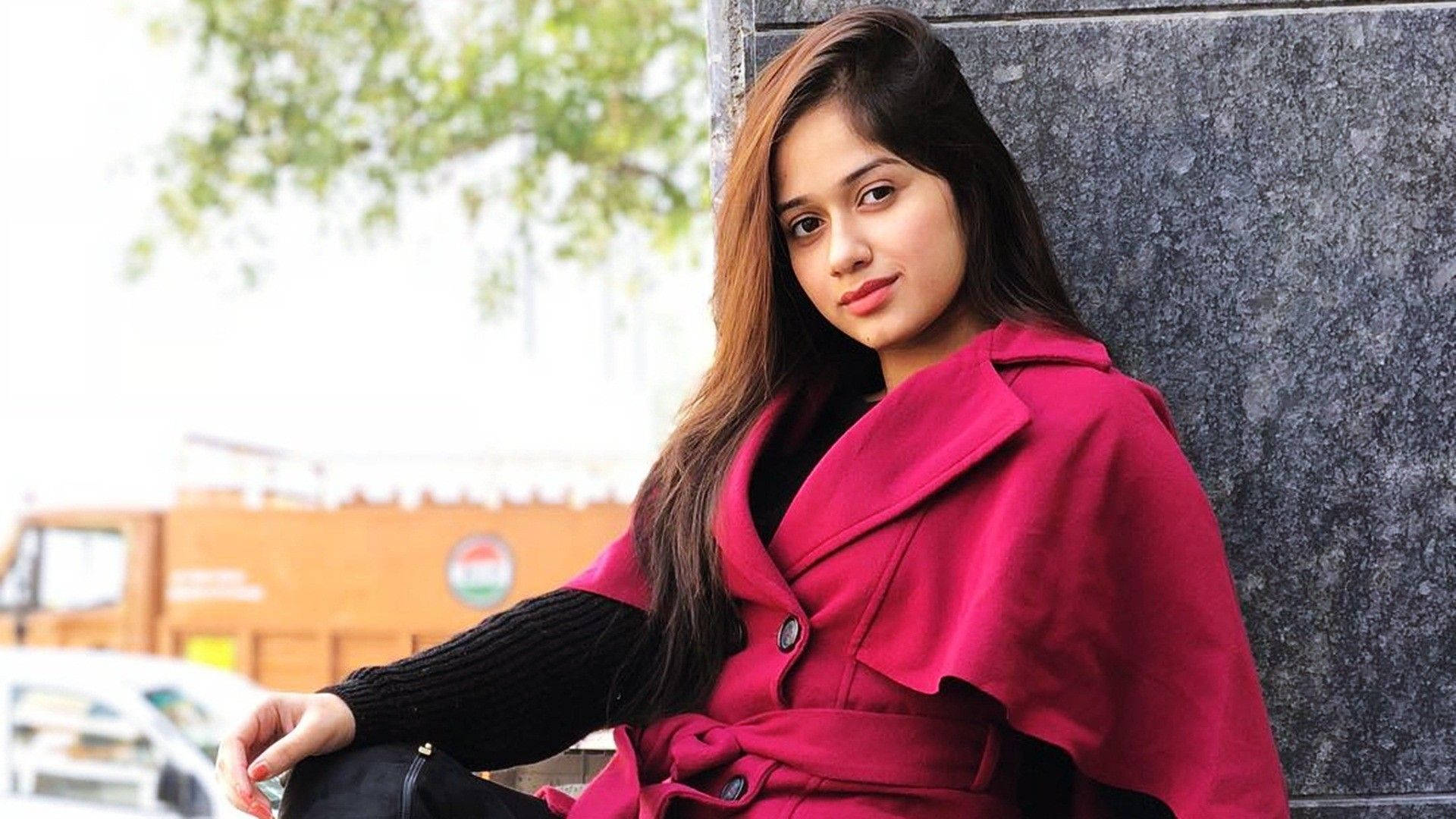 Jannat Zubair, vibrant pink coat, gray stone wall, Full HD Desktop Wallpaper