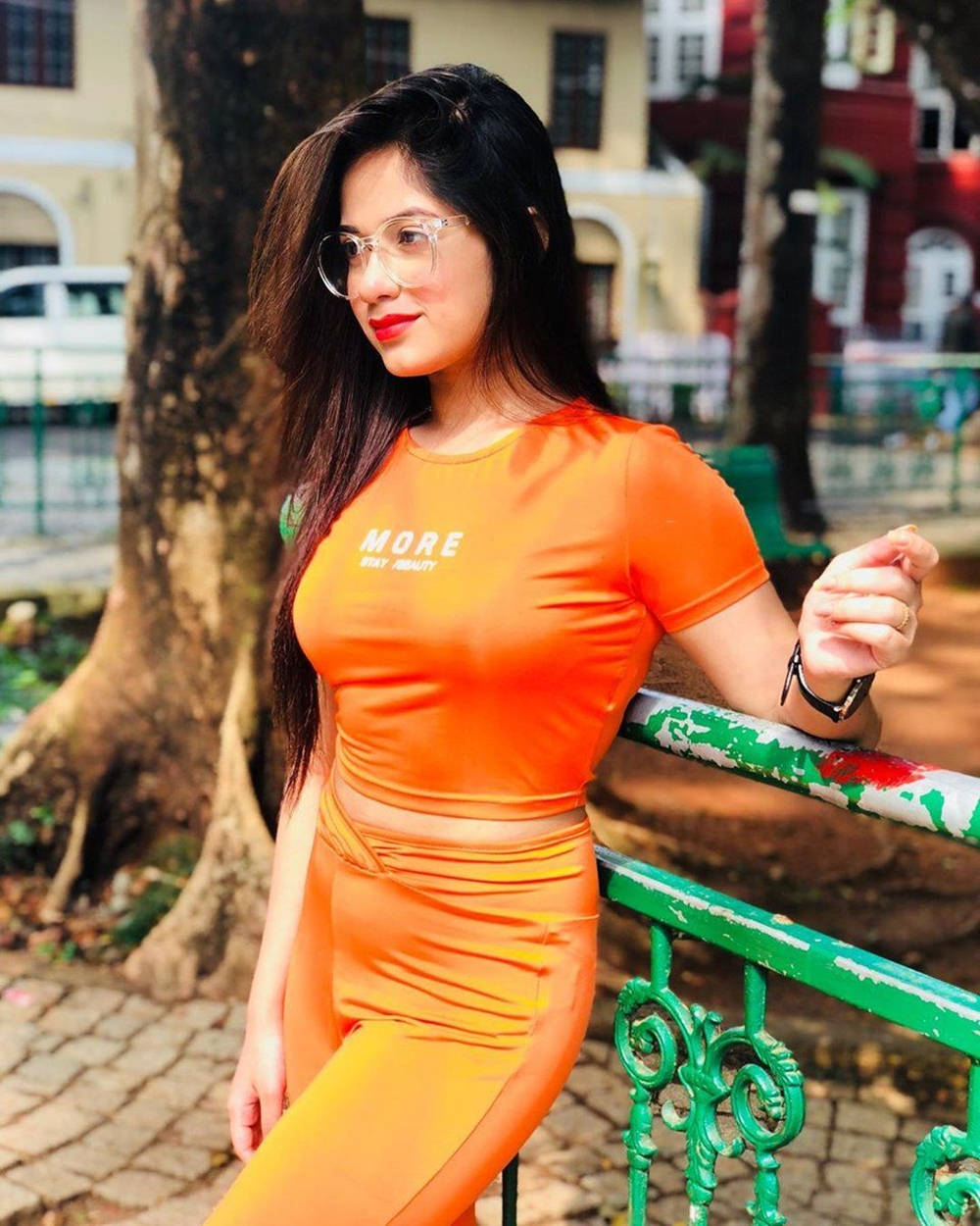 Jannat Zubair, vibrant orange crop top, leggings, SD Phone Wallpaper