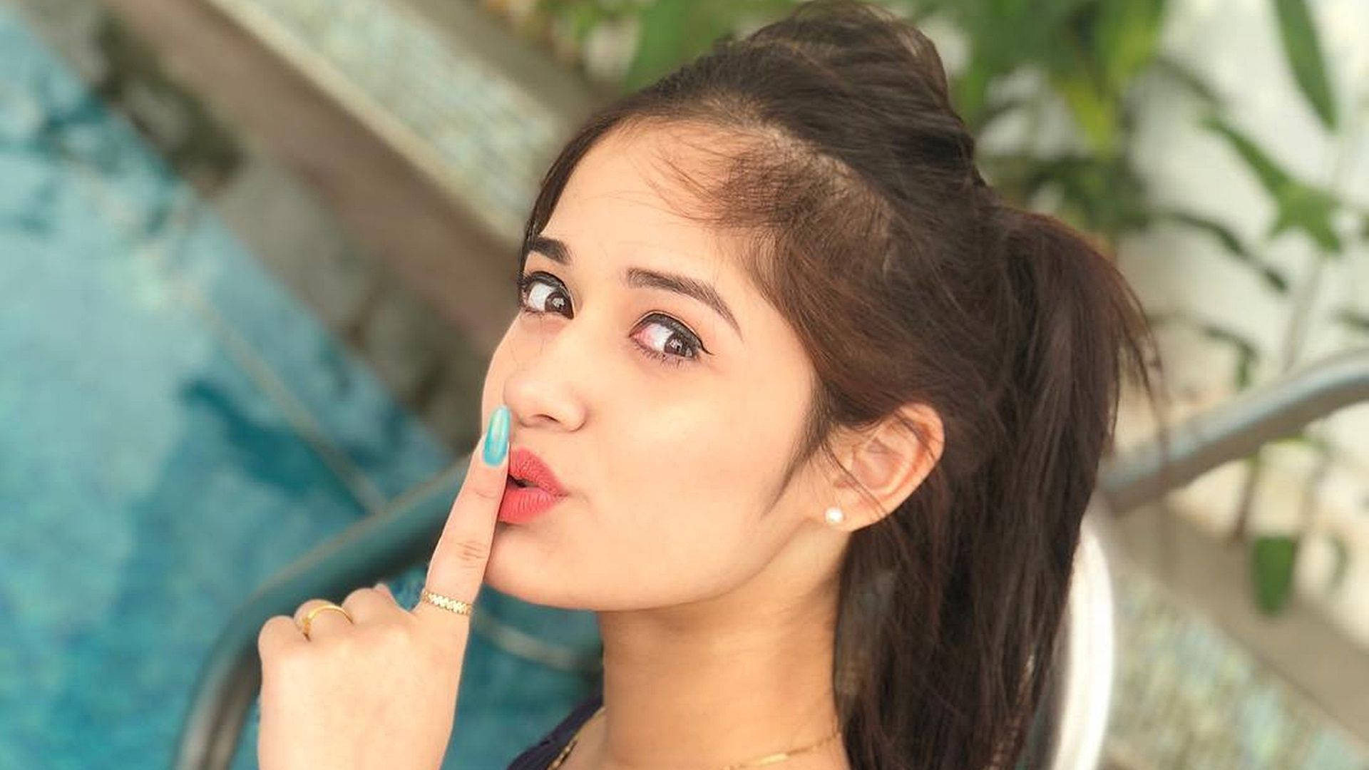 Jannat Zubair, swimming pool, bright blue nails, Full HD Desktop Wallpaper