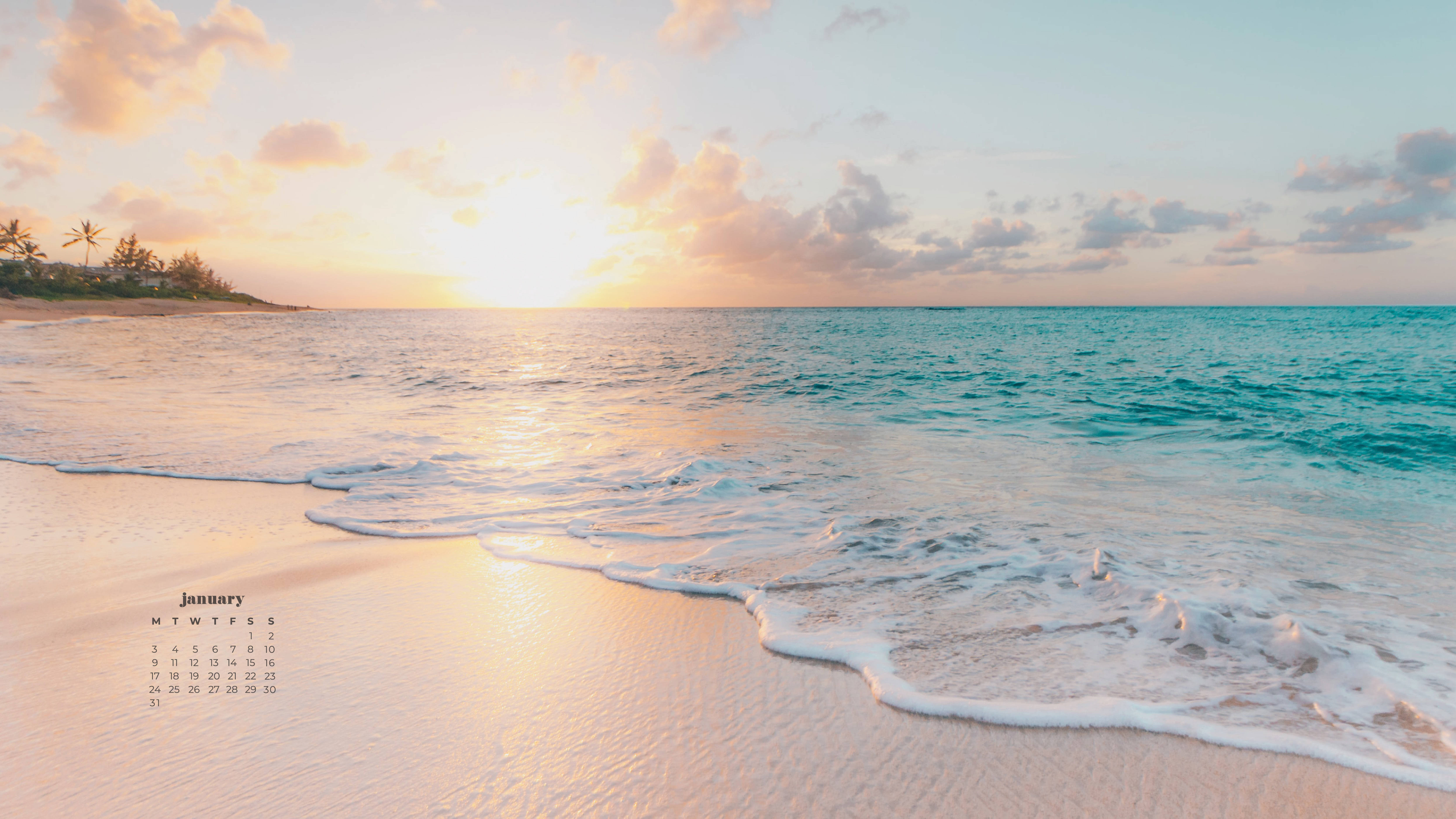 sunset, turquoise waves, sandy beach, 5K Desktop Wallpaper