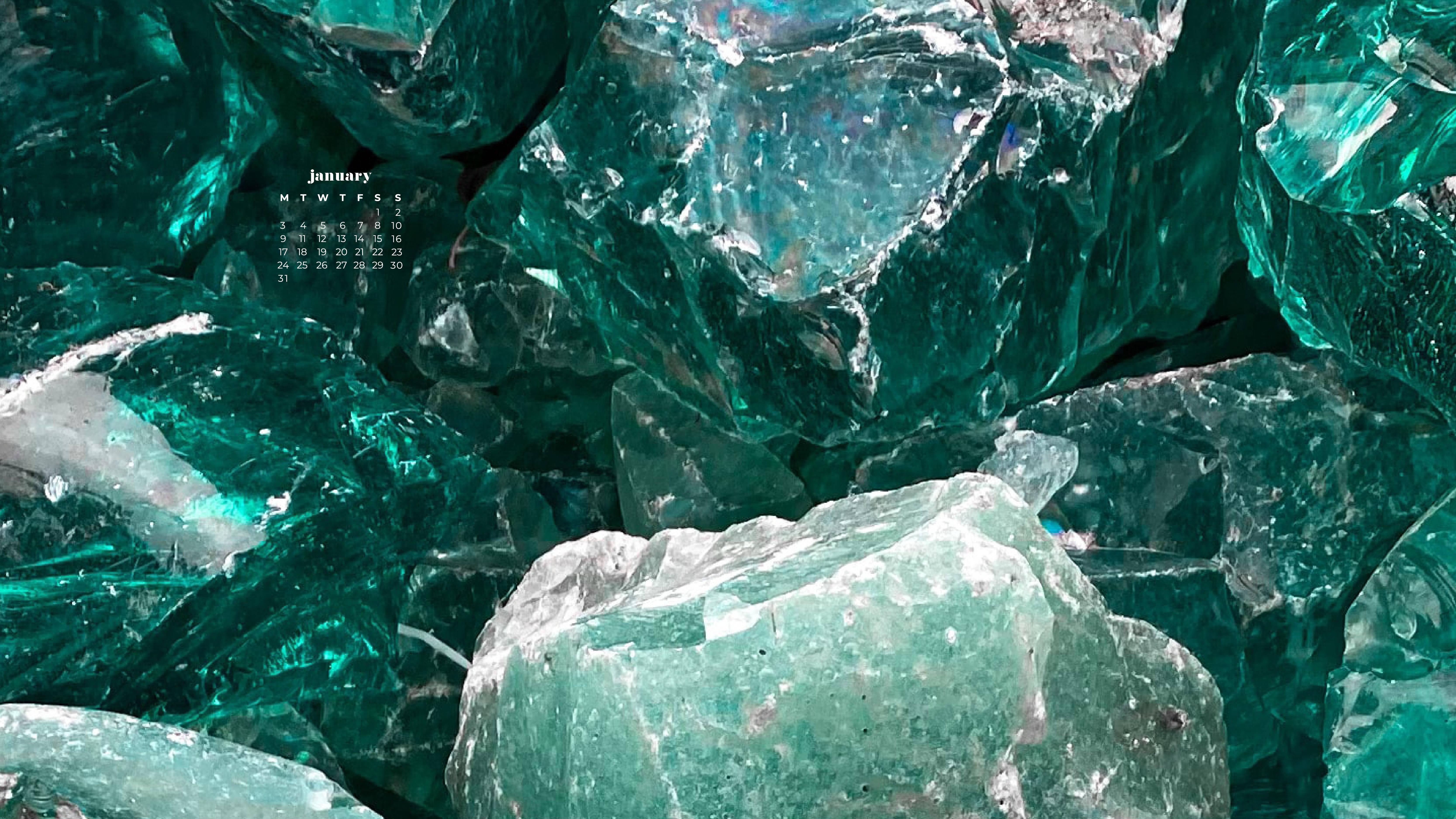 teal crystals, emerald crystals, January calendar overlay, 5K Desktop Wallpaper