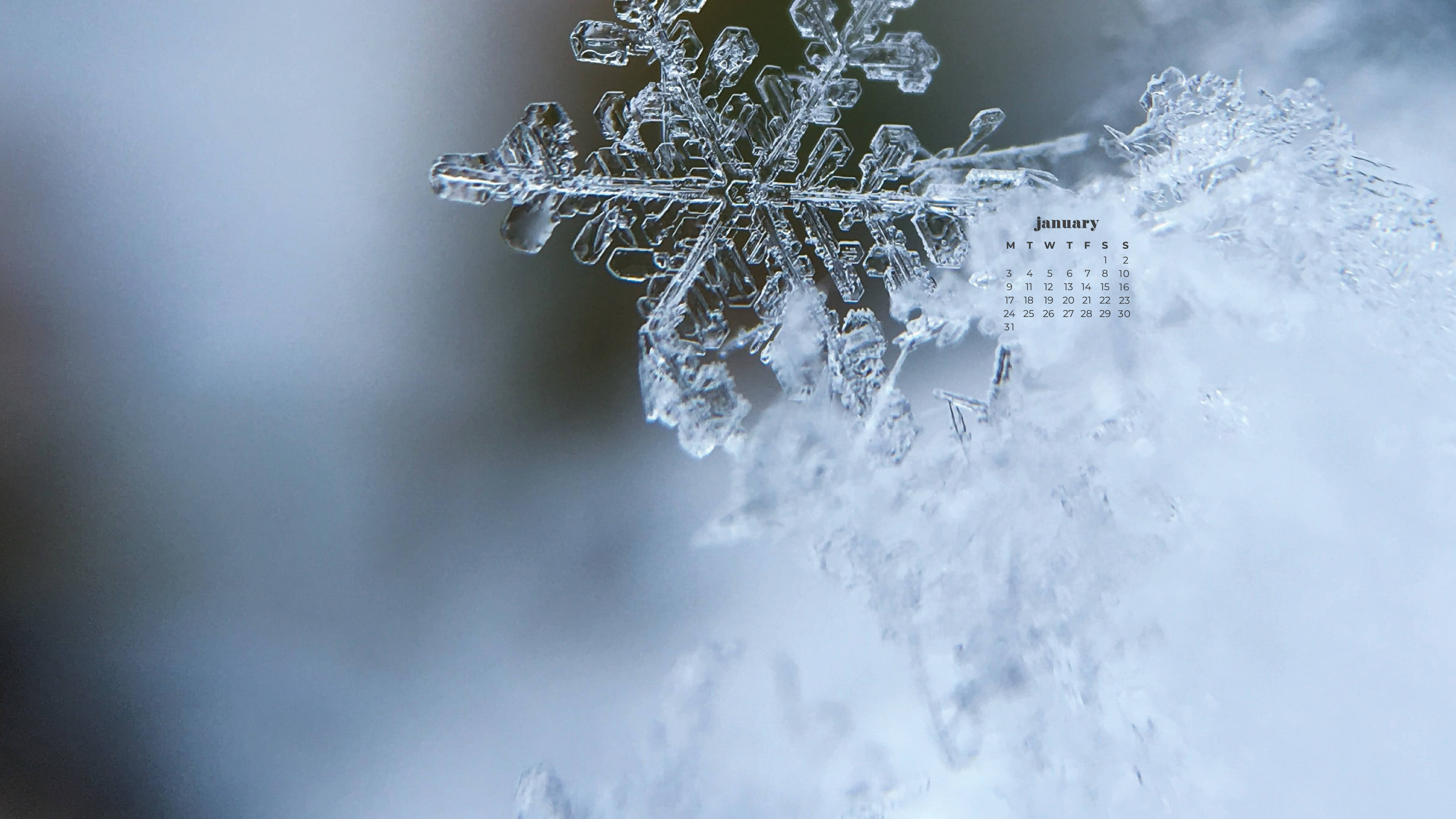 January 2022 Calendar, snowflake, snowy surface, 5K Desktop Wallpaper