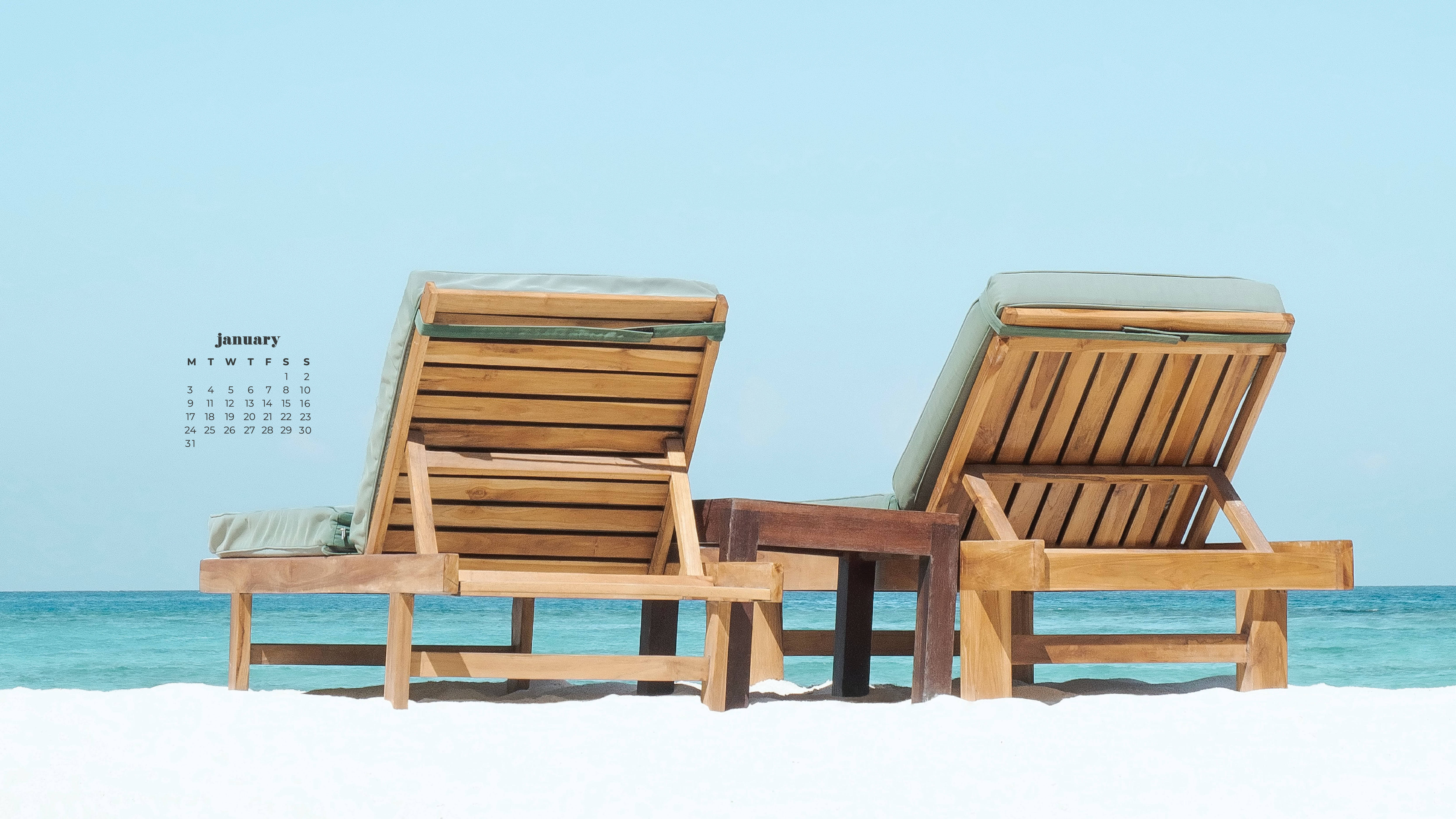 January 2022 Calendar, beach chairs, wooden beach chairs, 5K Desktop Wallpaper