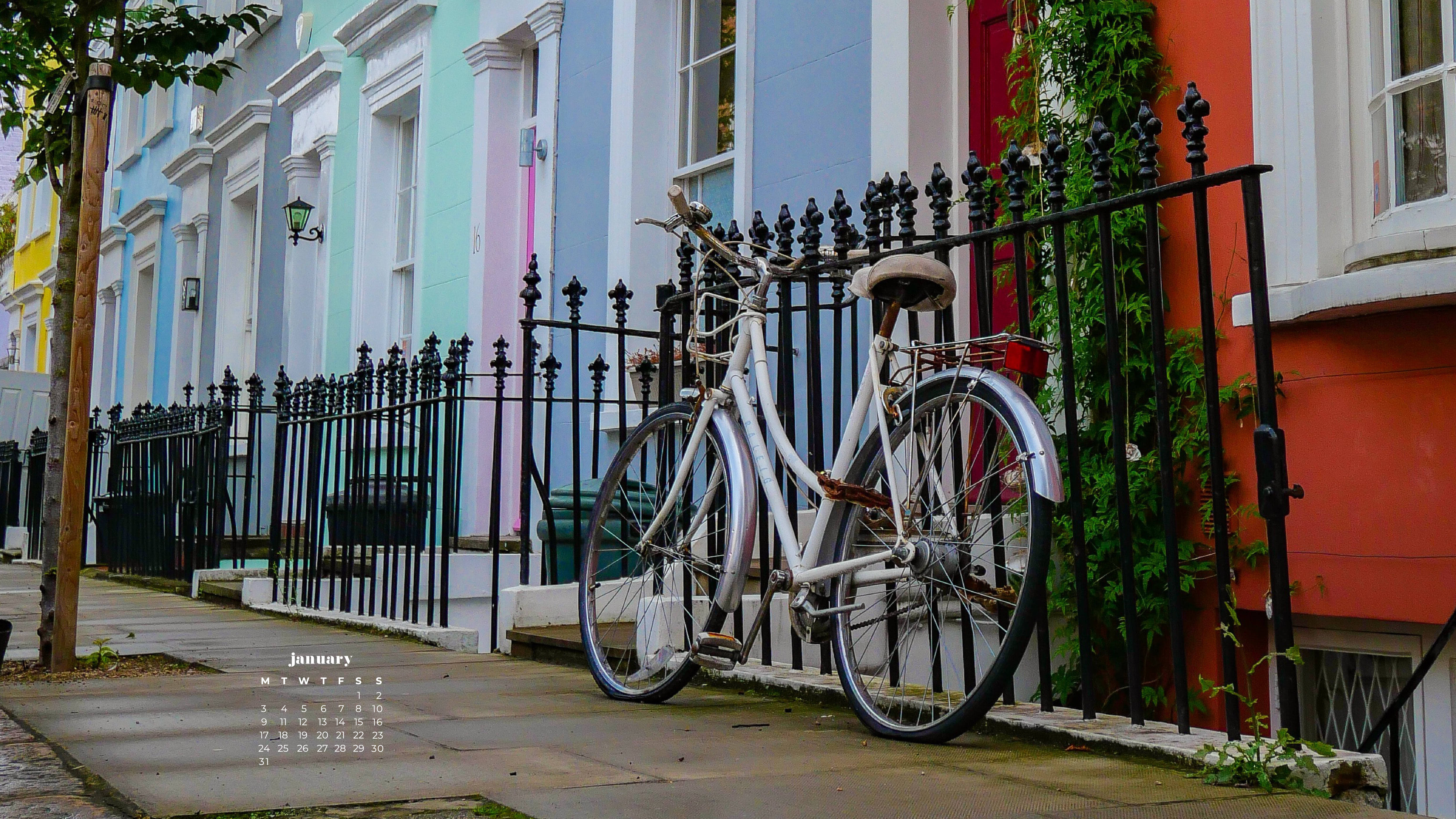 January 2022 Calendar, bicycle, white bicycle, 5K Desktop Wallpaper