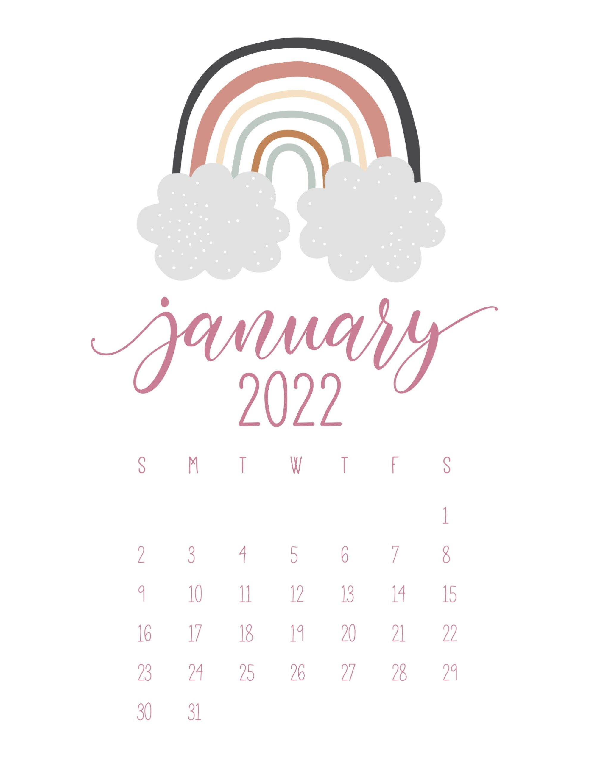 January 2022 Calendar, pastel rainbow, fluffy clouds, 2K Phone Wallpaper