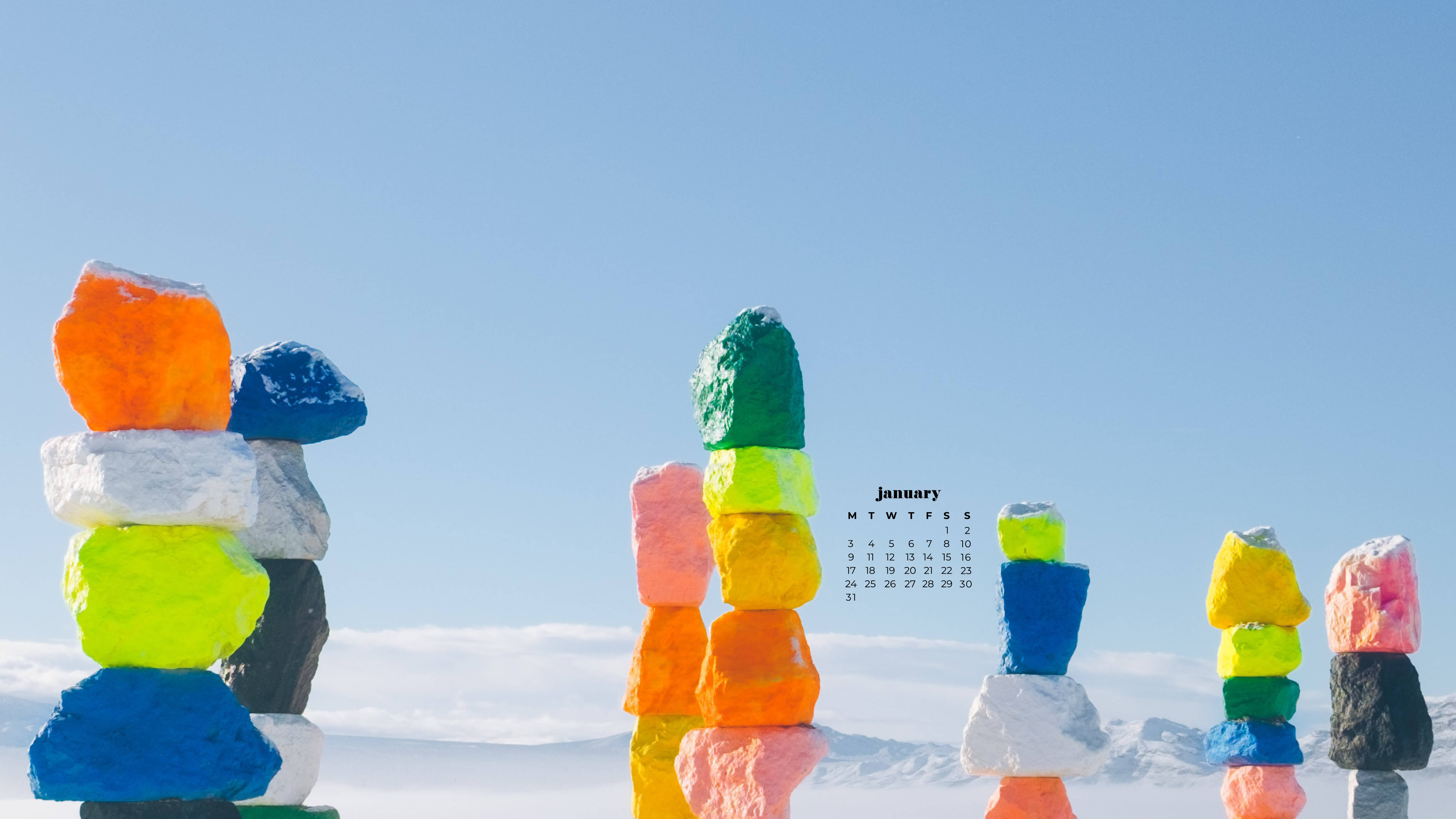 January 2022 Calendar, colorful rocks, rainbow-colored stacked stones, 5K Desktop Wallpaper