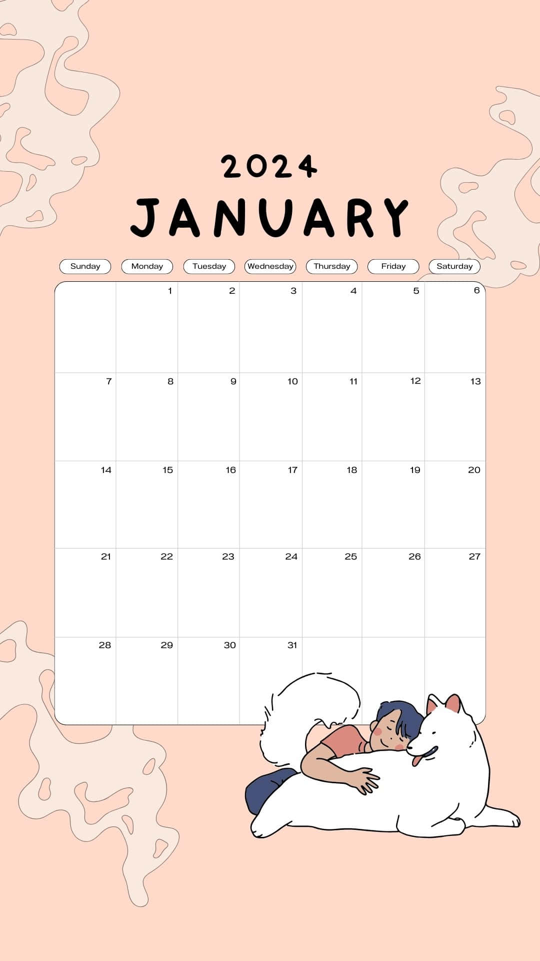 January 2024 Calendar, cartoon girl, white dog, Full HD Phone Wallpaper