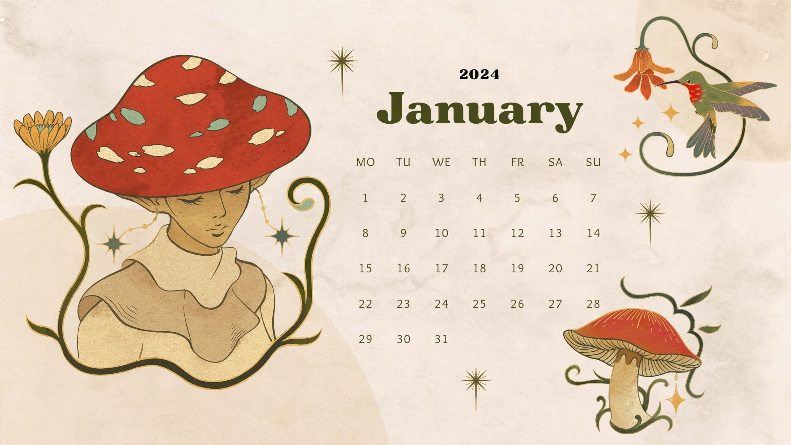 January 2024 Calendar, mushroom hat, red spotted mushroom hat, 2K Desktop Wallpaper