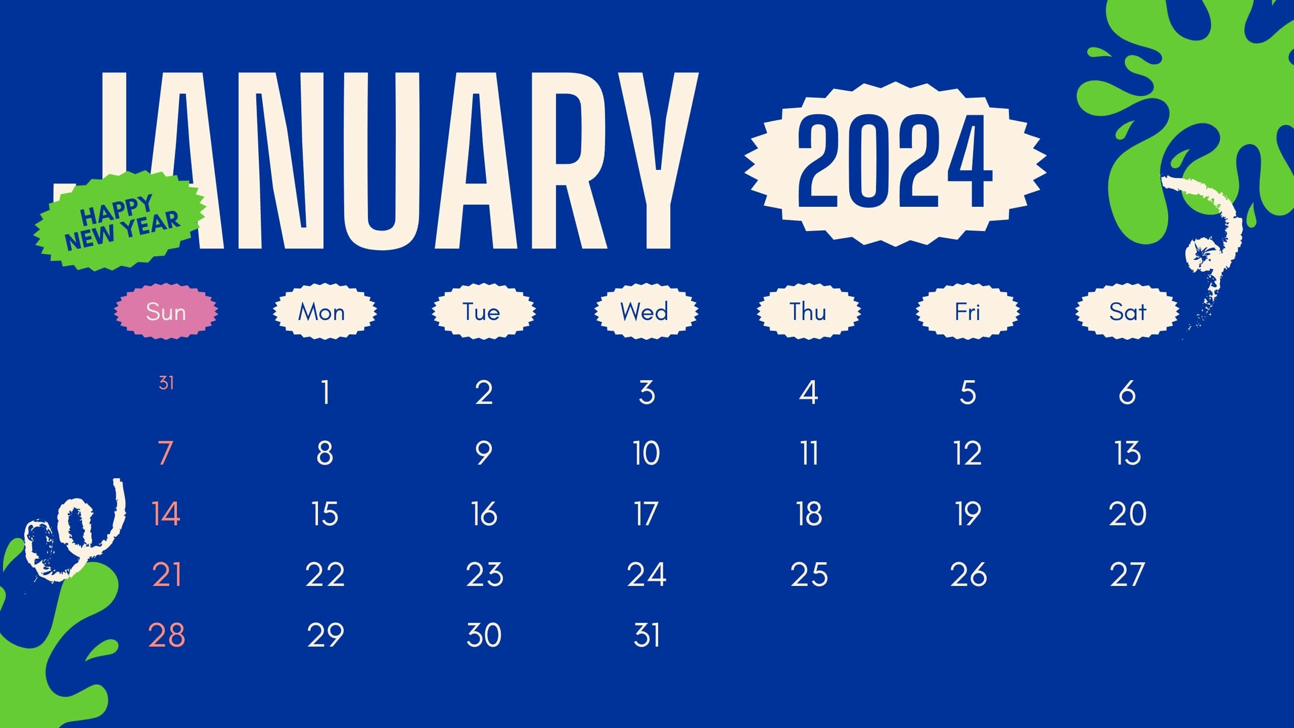 January 2024 Calendar, bold blue background, green paint splatters, 2K Desktop Wallpaper