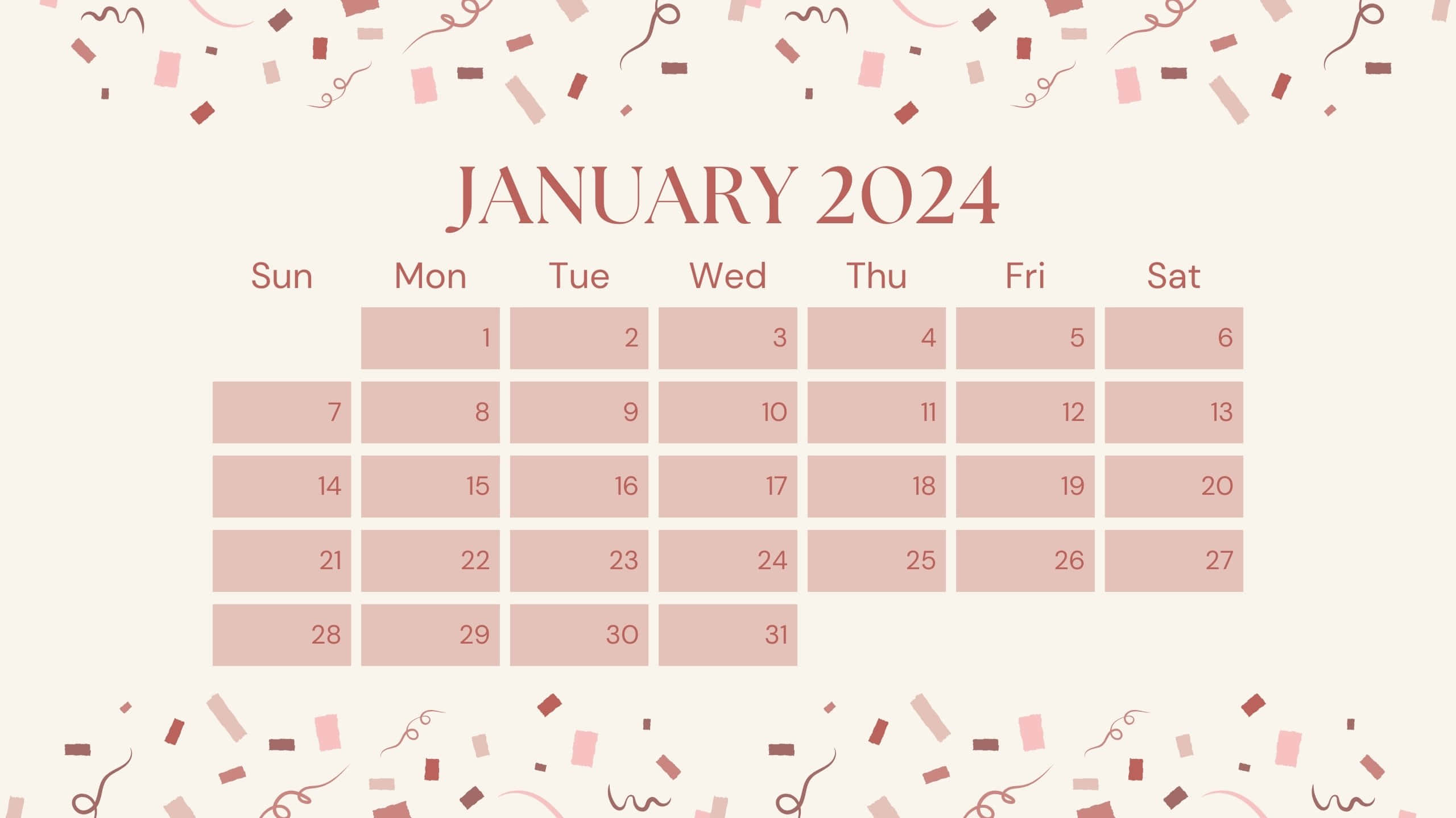 January 2024 Calendar, pink confetti, cream background, 2K Desktop Wallpaper