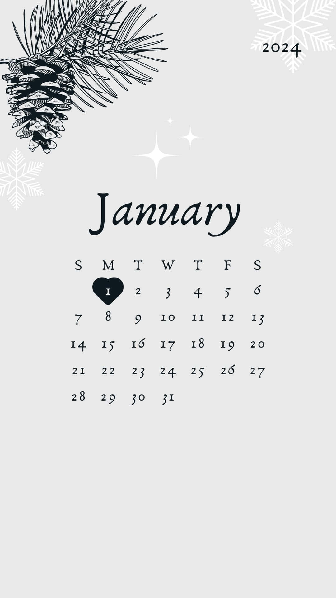 January 2024 Calendar, pinecone snowflakes, heart-marked first day, Full HD Phone Wallpaper