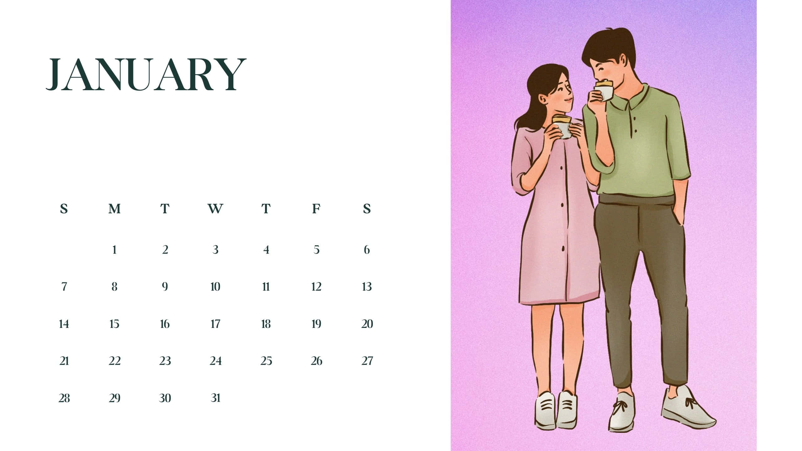 January 2024 Calendar, couple, coffee, 2K Desktop Wallpaper