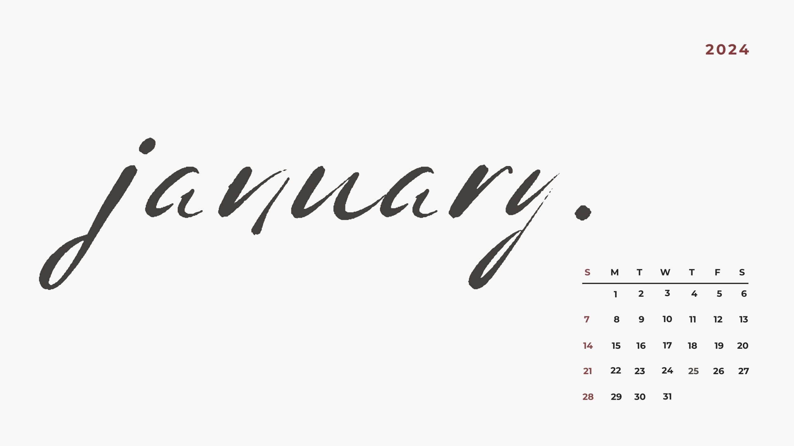 January 2024 Calendar, minimalist design, elegant brush script, 2K Desktop Wallpaper