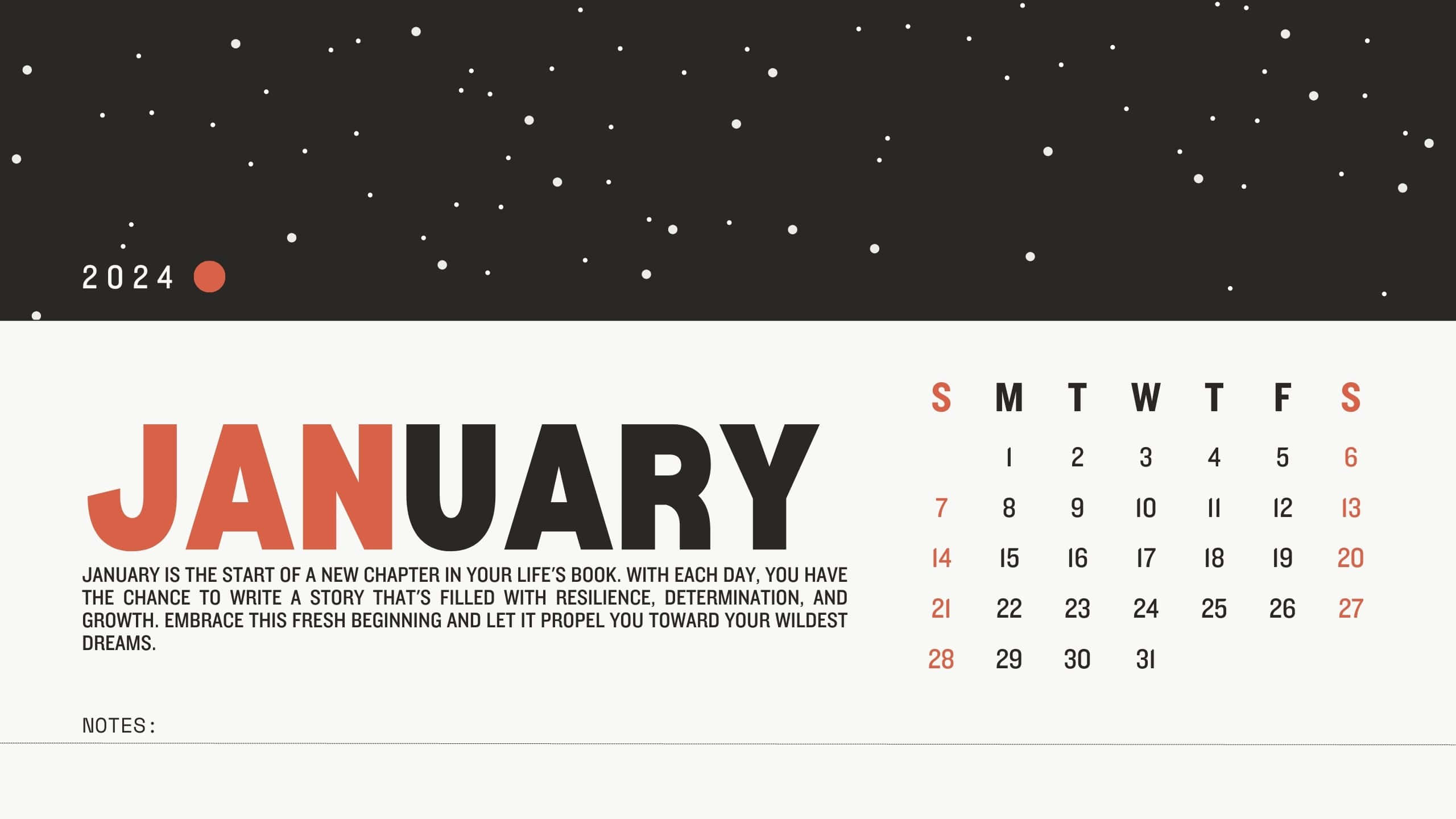 January 2024 Calendar, starry night sky, motivational quote, 2K Desktop Wallpaper