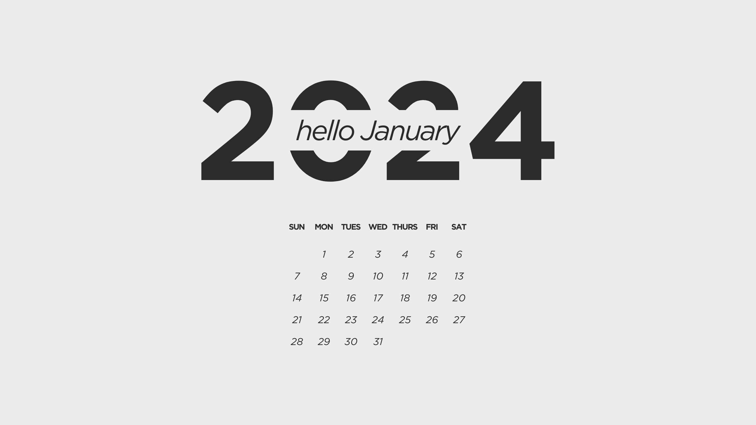 January 2024 Calendar, 2024, black typography, 2K Desktop Wallpaper