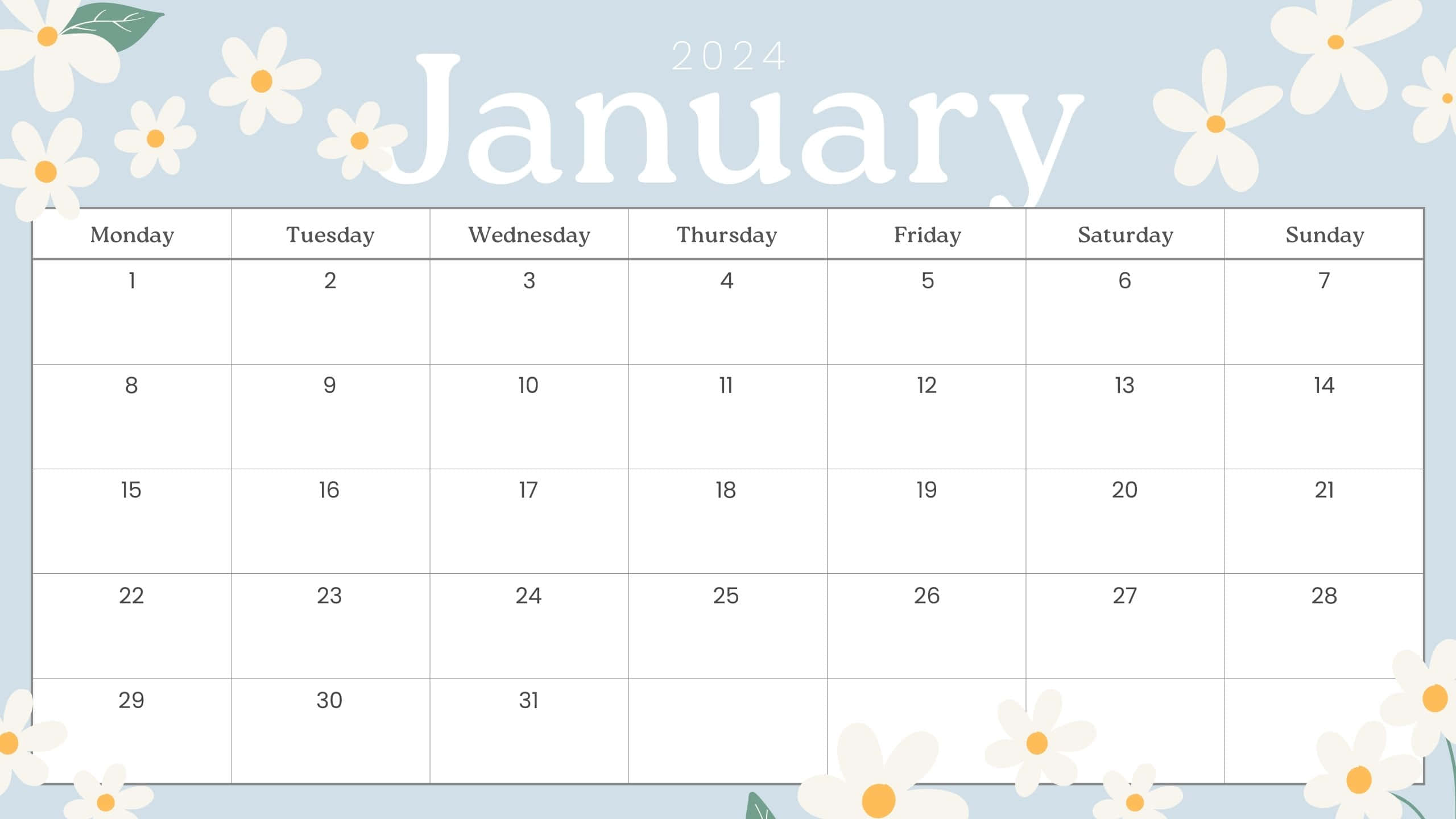 January 2024 Calendar, white daisies, light blue background, 2K Desktop Wallpaper