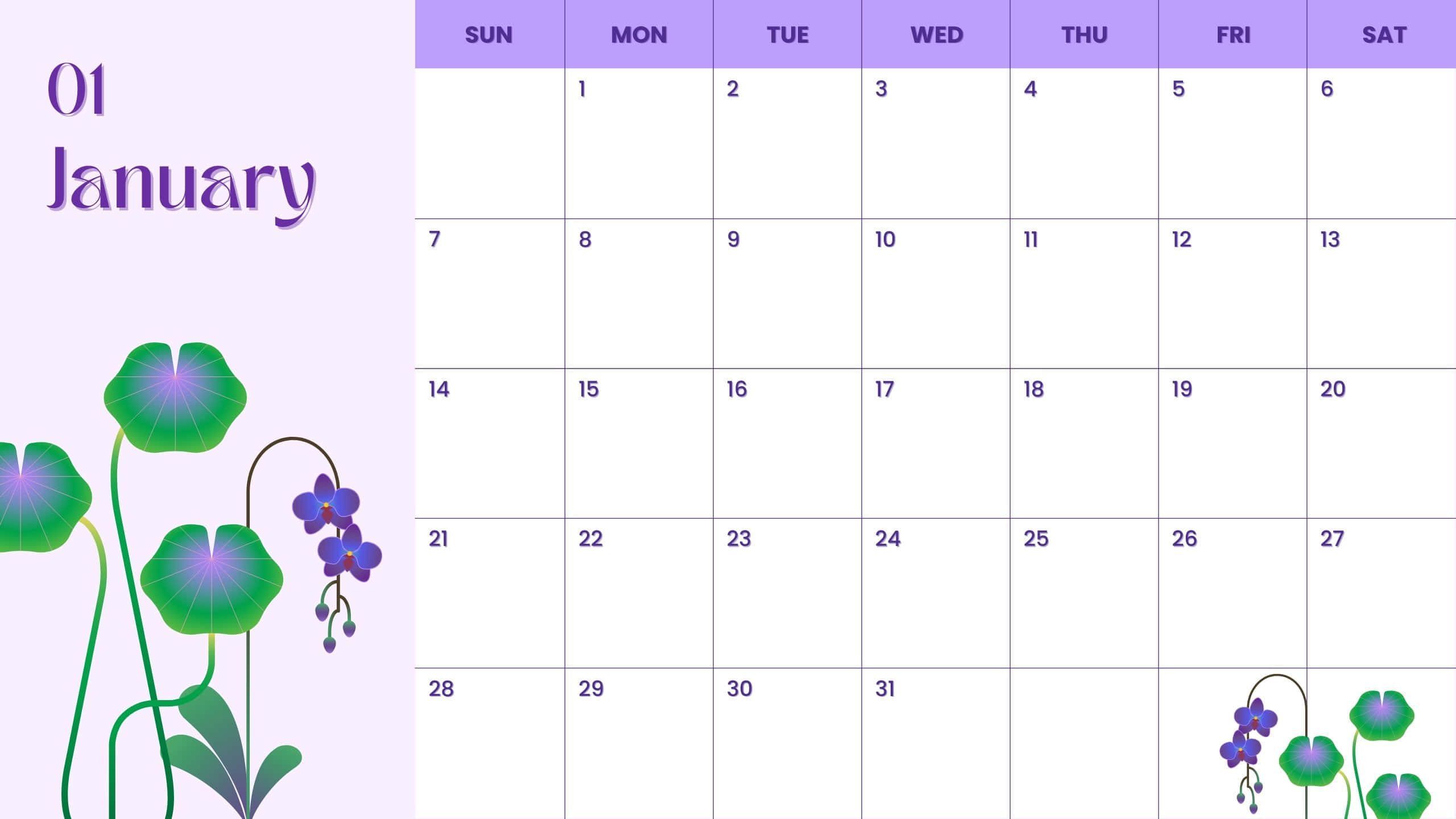 January 2024 Calendar, purple headers, floral illustrations, 2K Desktop Wallpaper