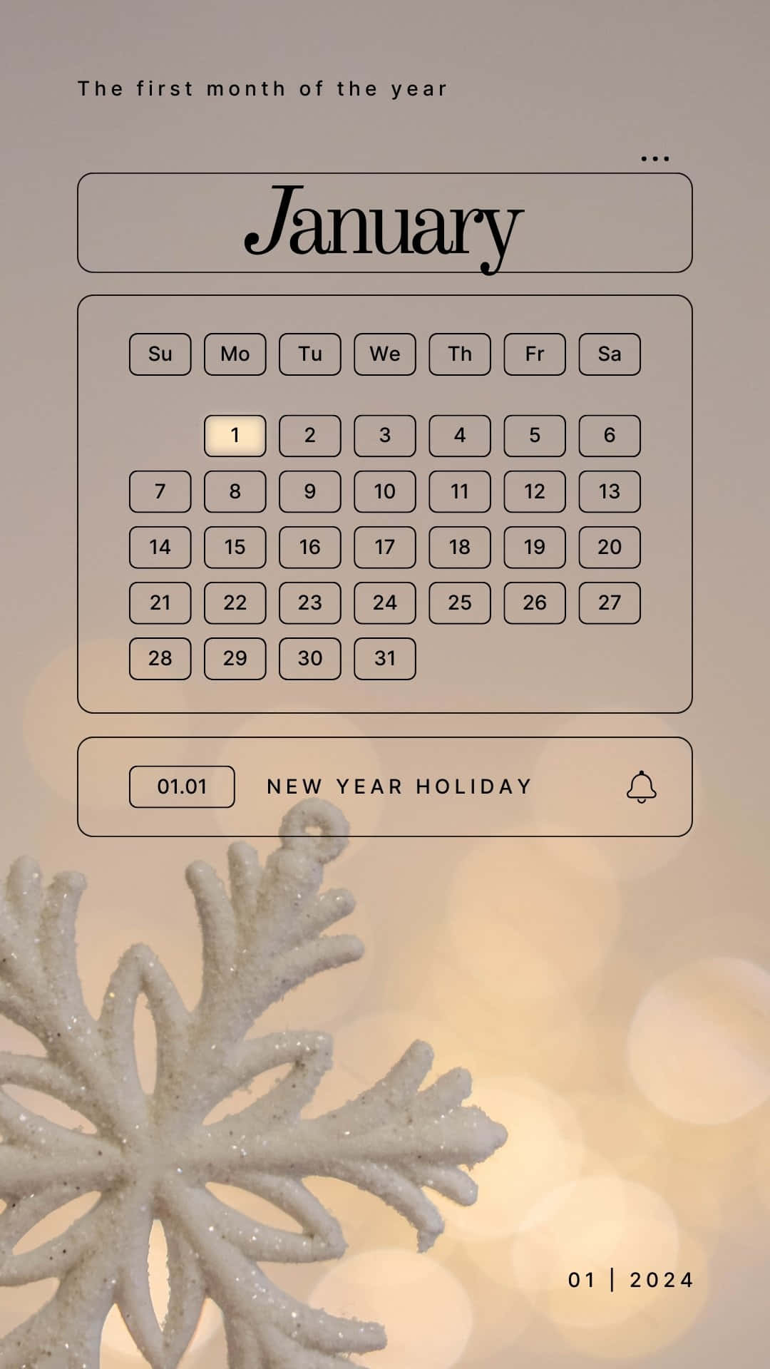 January 2024 Calendar, glowing bokeh lights, glittery snowflake ornament, Full HD Phone Wallpaper