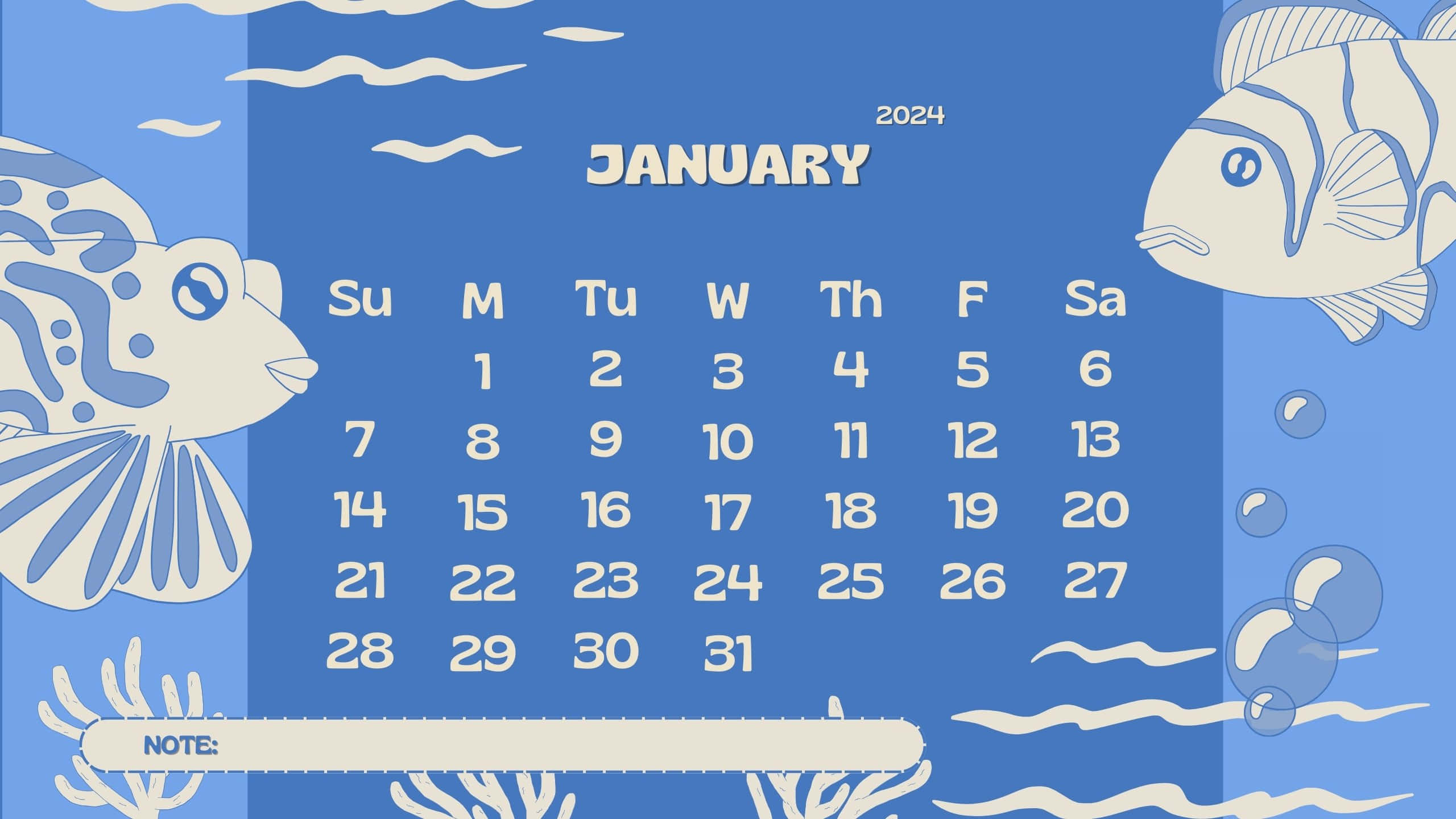 January 2024 Calendar, underwater background, stylized fish, 2K Desktop Wallpaper