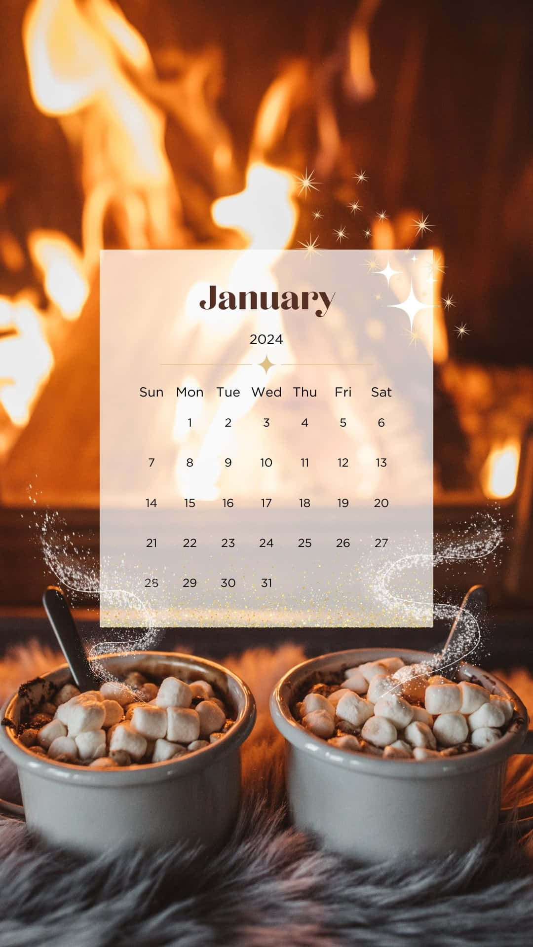 January 2024 Calendar, roaring fire, mugs of hot cocoa, Full HD Phone Wallpaper