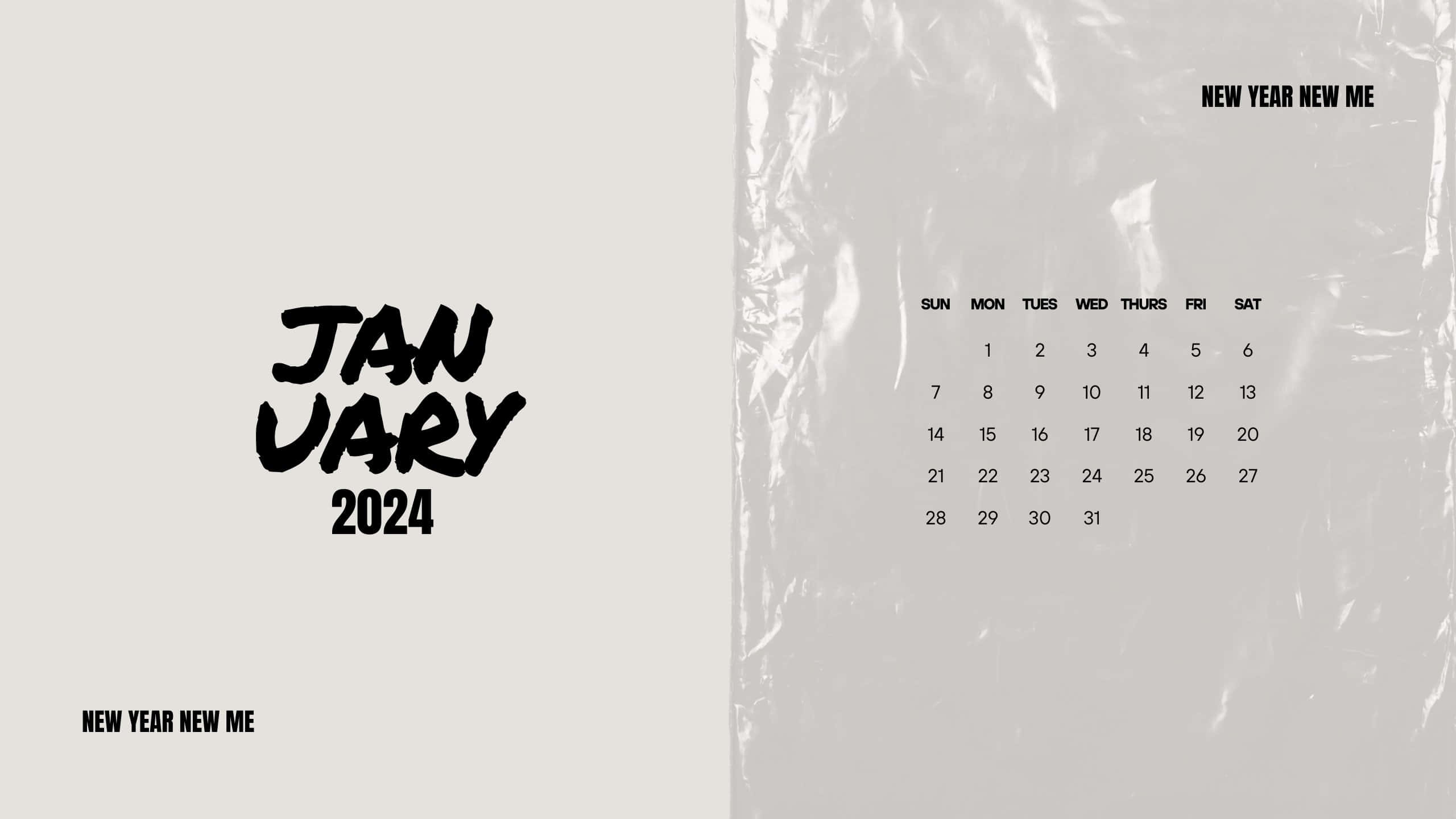 January 2024 Calendar, bold black typography, light gray background, 2K Desktop Wallpaper