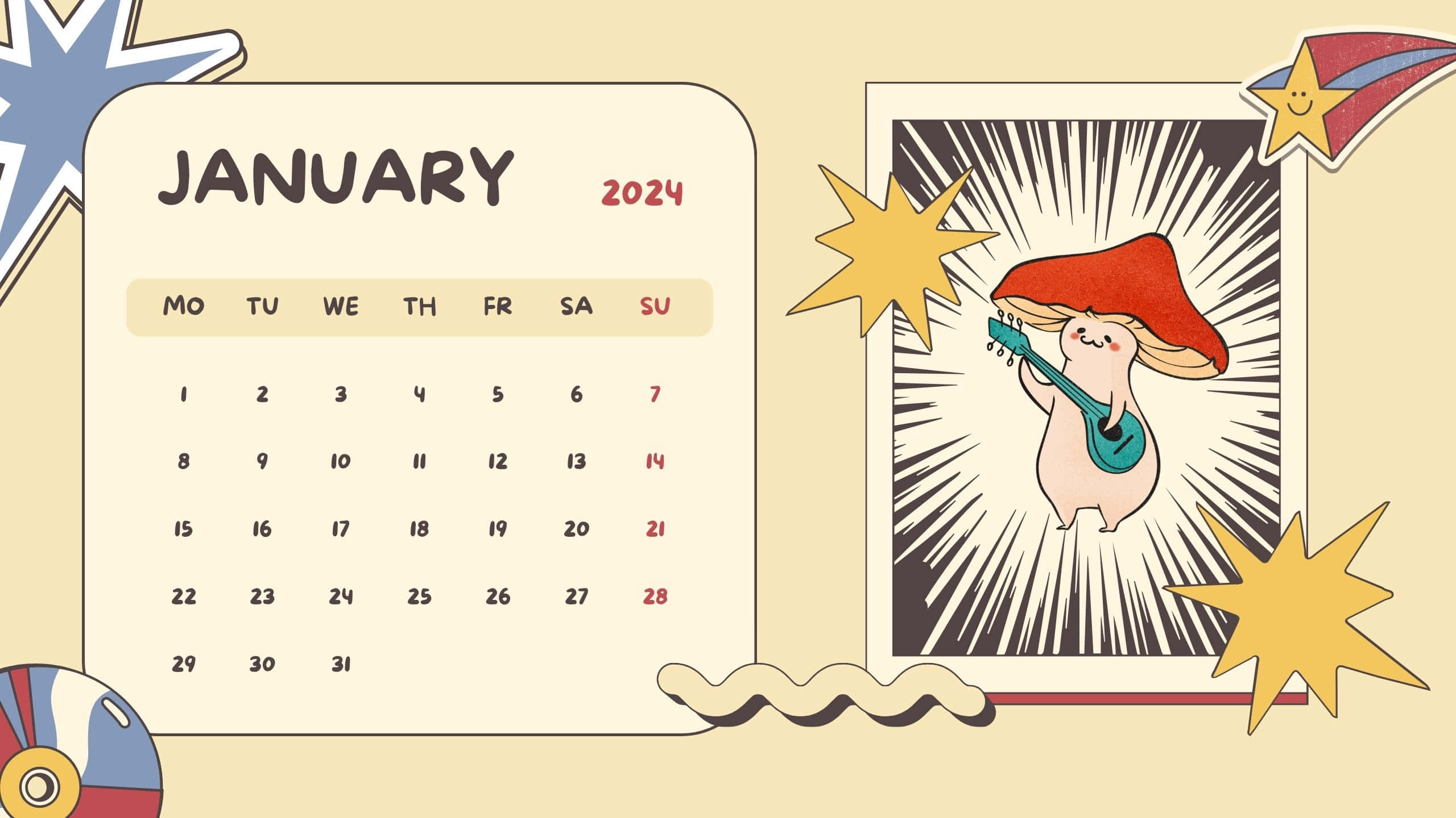 January 2024 Calendar, cartoon mushroom, teal guitar, 2K Desktop Wallpaper