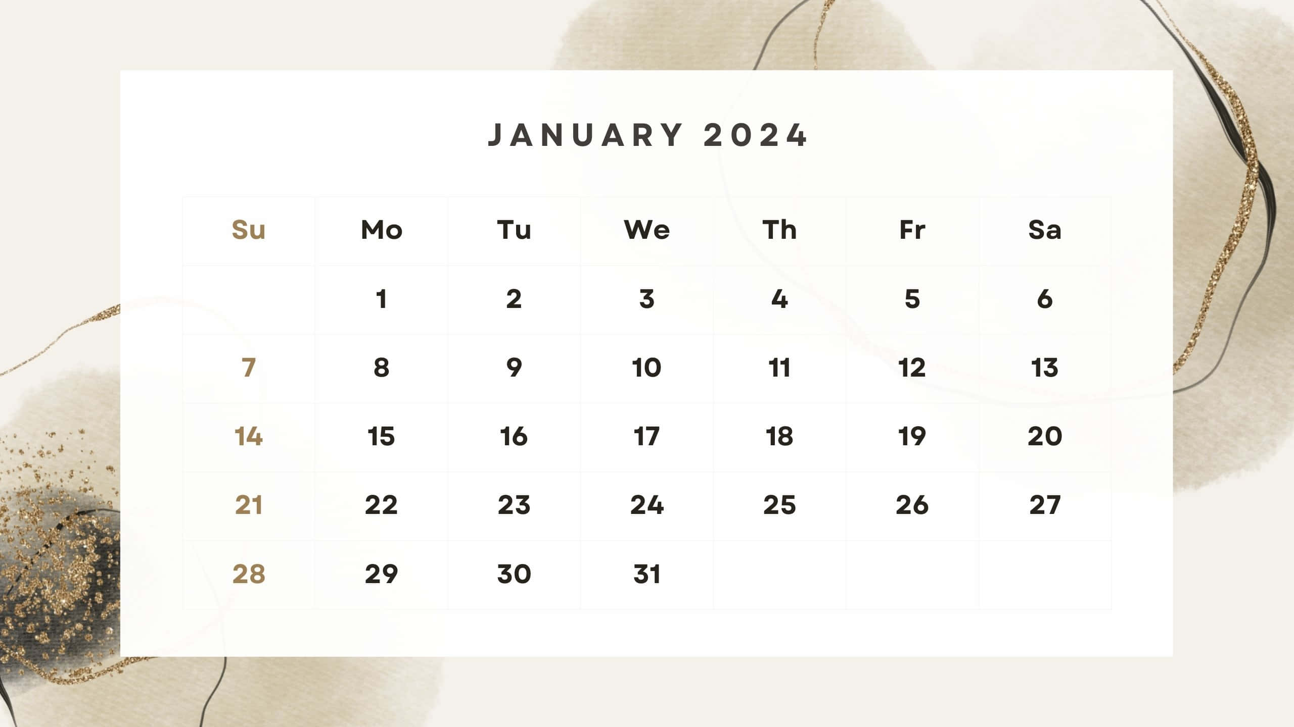 January 2024 Calendar, gold accents, soft beige abstract background, 2K Desktop Wallpaper