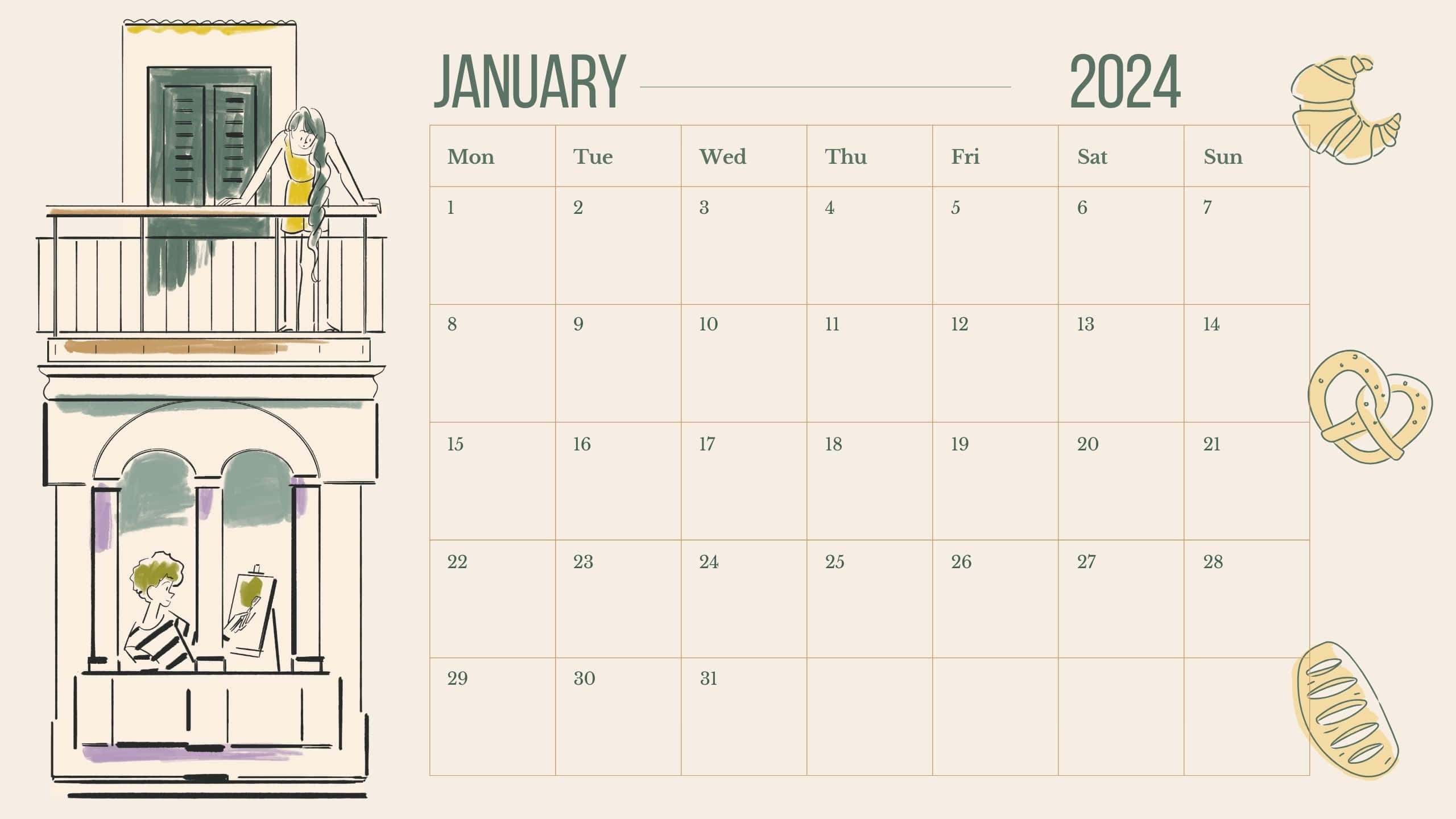 January 2024 Calendar, illustrated balconies, woman in yellow top, 2K Desktop Wallpaper