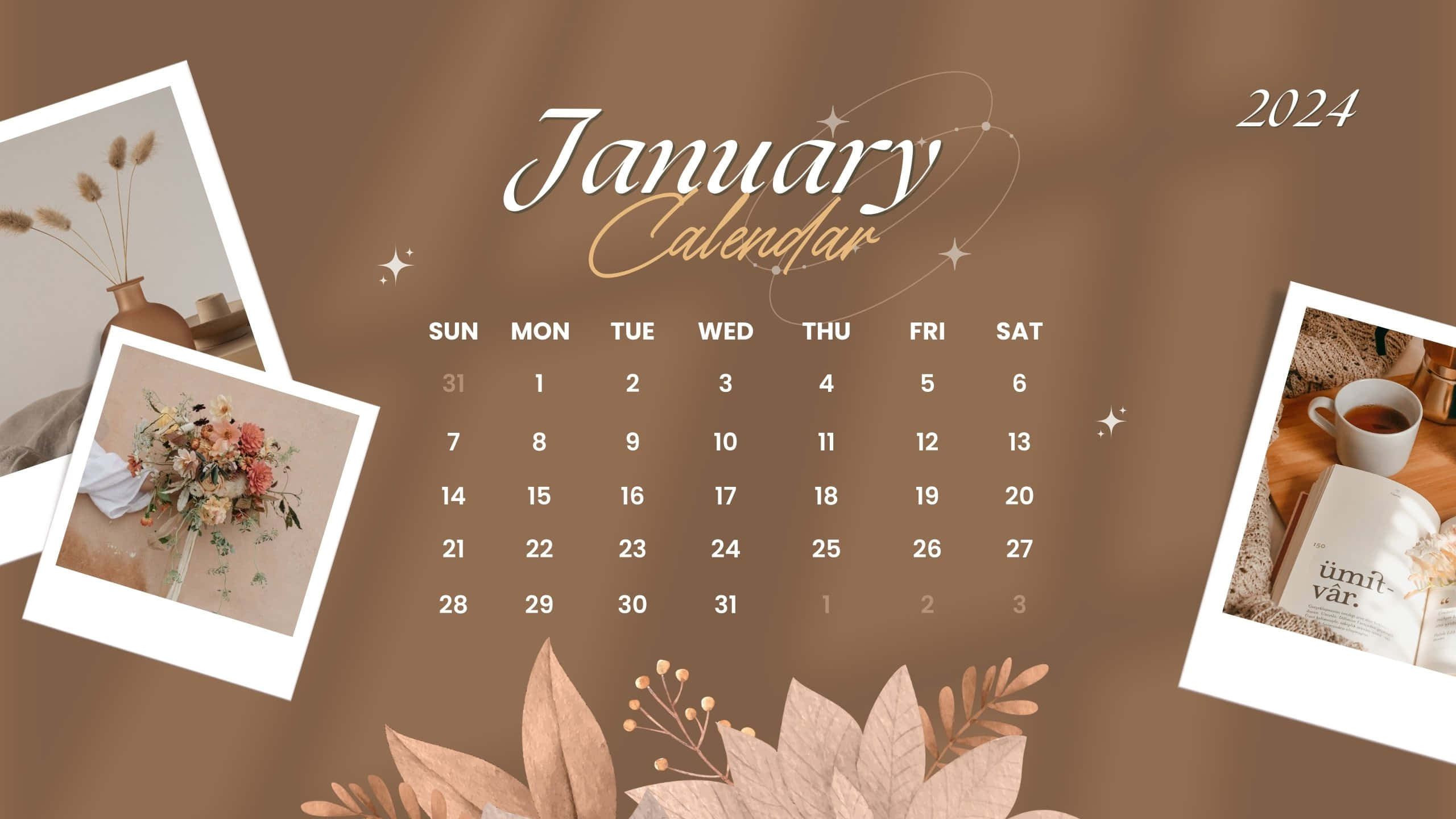 January 2024 Calendar, floral photos, coffee, 2K Desktop Wallpaper