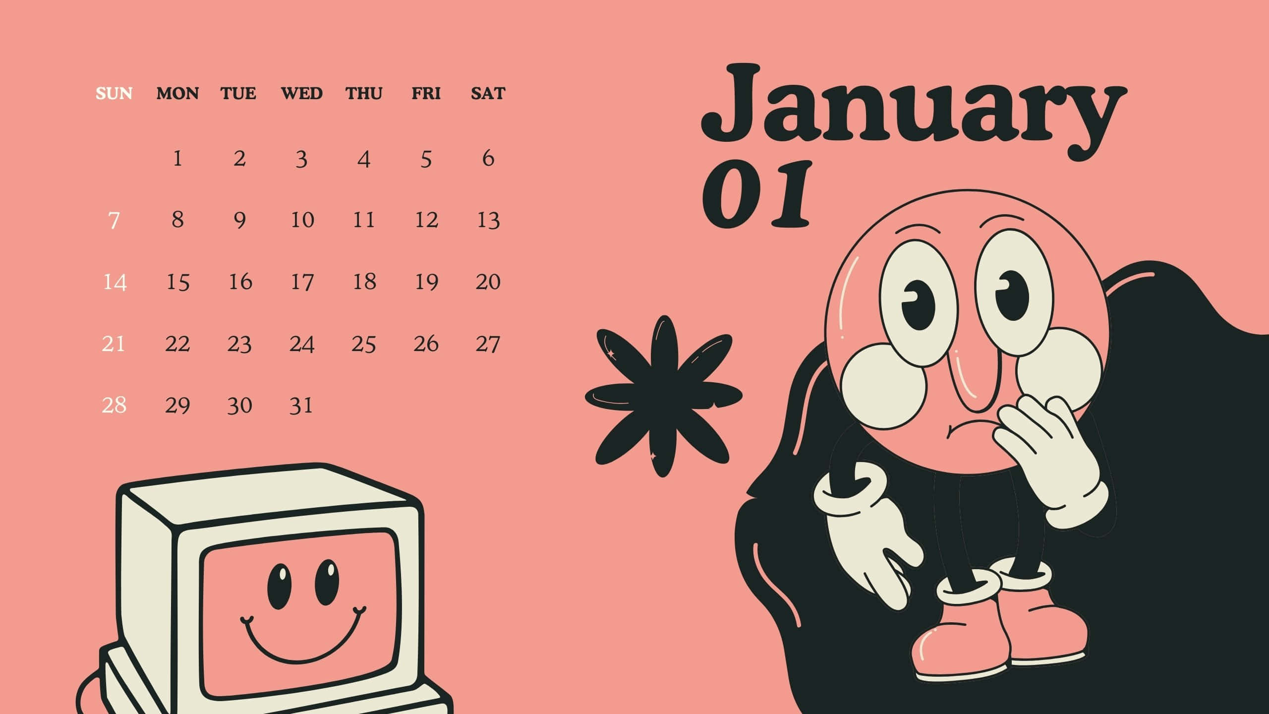 January 2024 Calendar, cartoon characters, pink, 2K Desktop Wallpaper