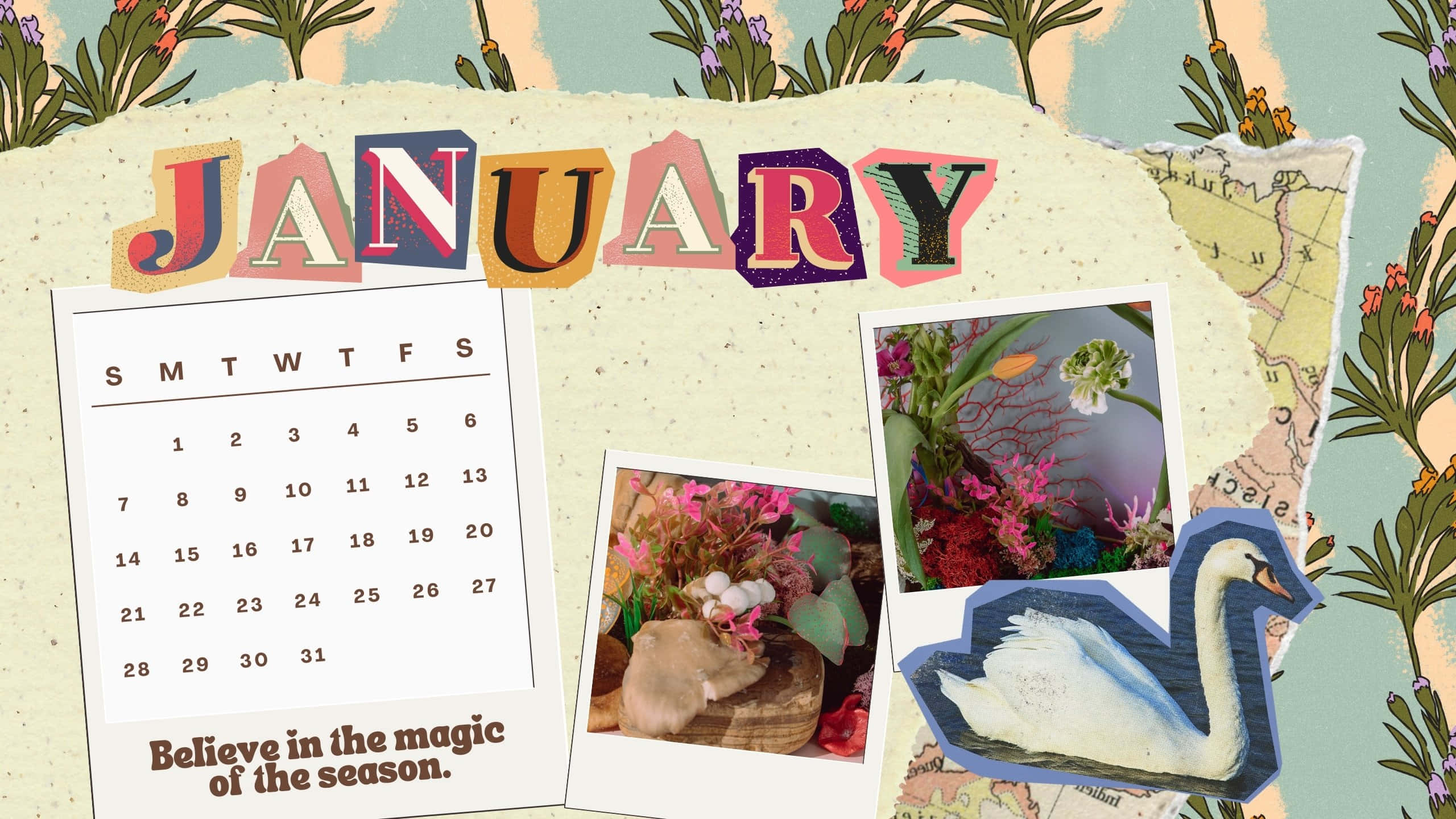 January 2024 Calendar, swan photo, floral arrangement, 2K Desktop Wallpaper