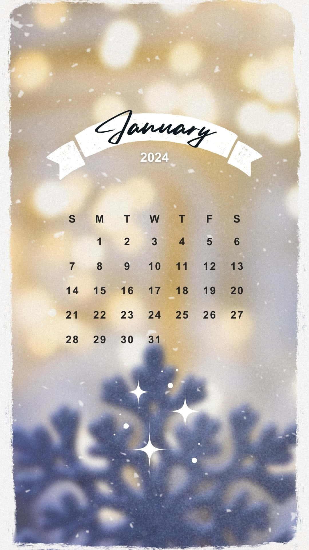 January 2024 Calendar, golden bokeh background, blue snowflake patterns, Full HD Phone Wallpaper
