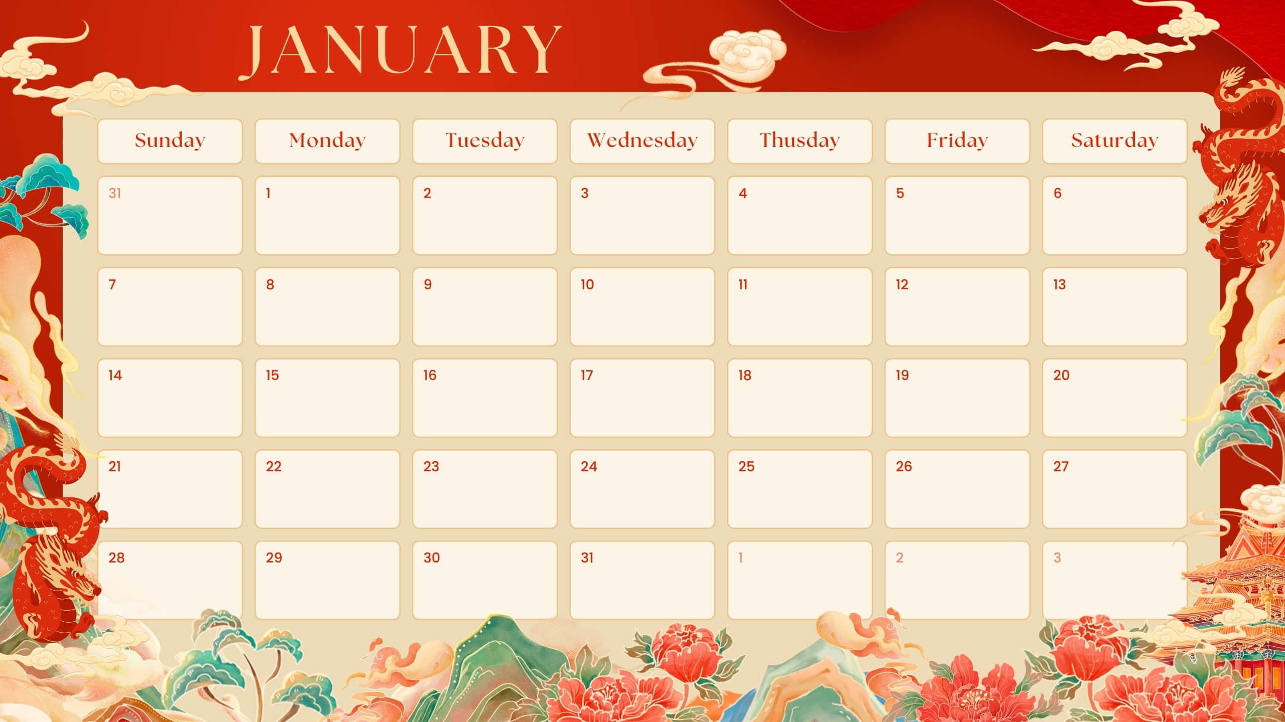 January 2024 Calendar, dragon motif, red dragon, 2K Desktop Wallpaper