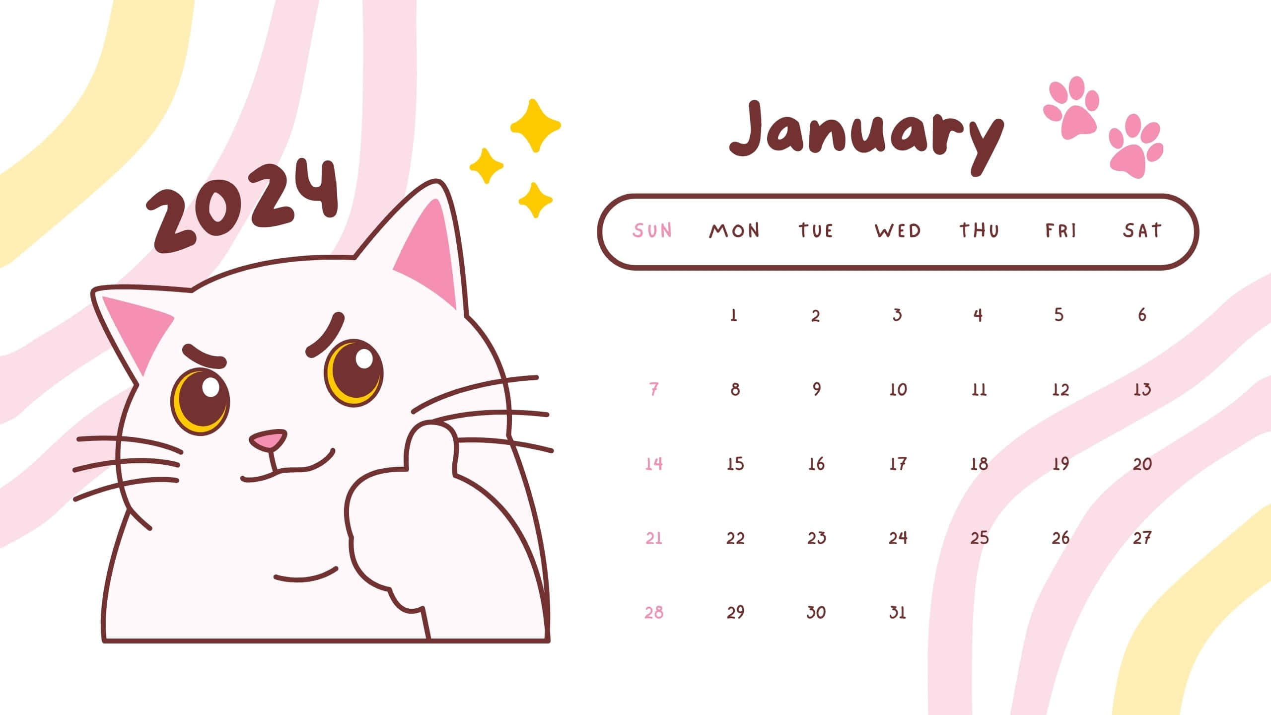 January 2024 calendar, white cartoon cat, pink ears, 2K Desktop Wallpaper