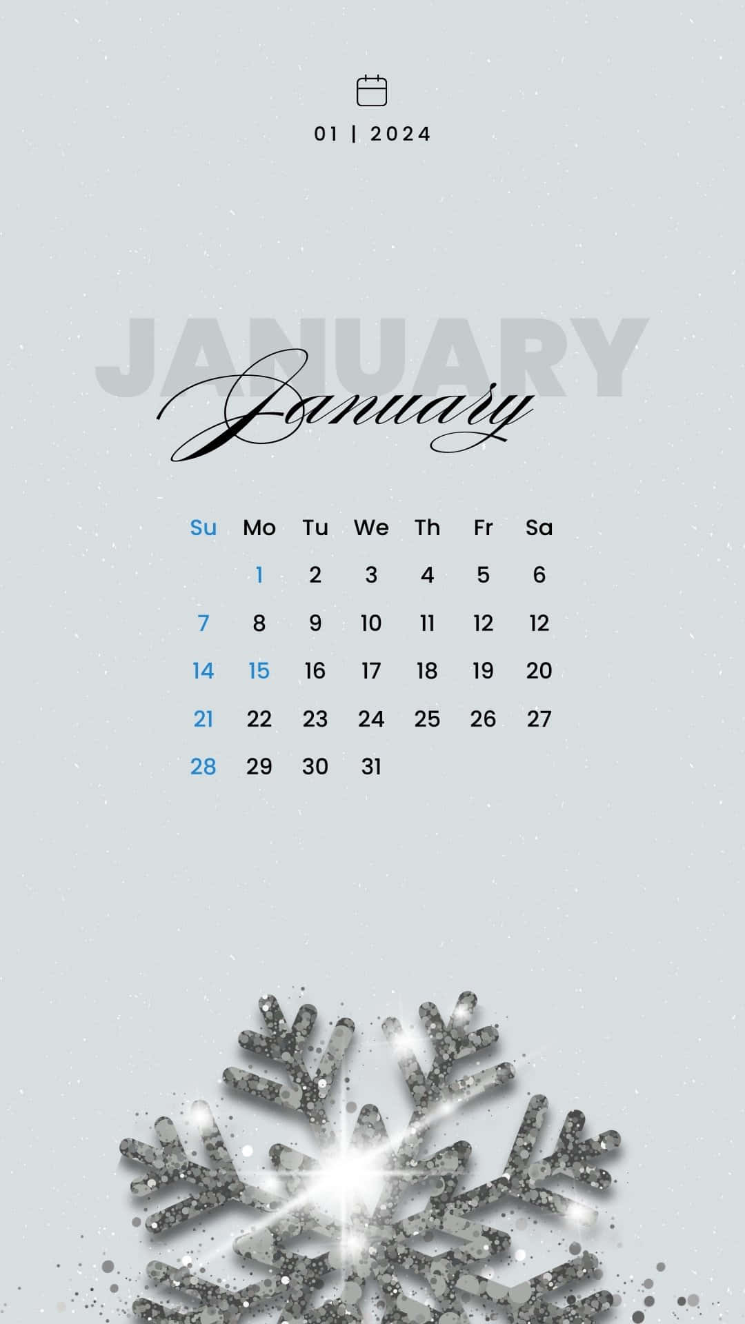 January 2024 Calendar, snowflake, glittering, Full HD Phone Wallpaper