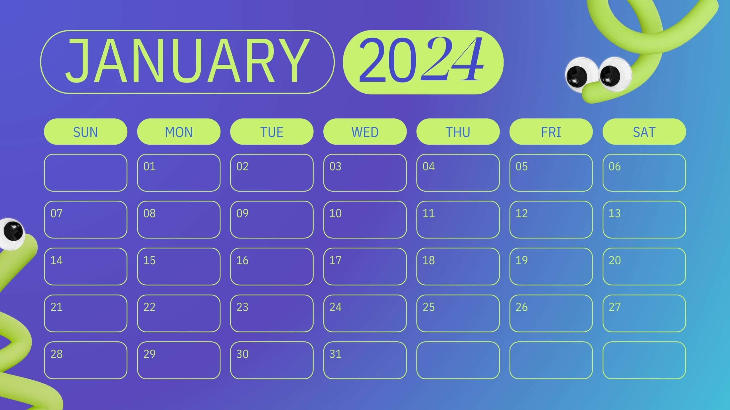 January 2024 Calendar, cartoon snakes, vibrant gradient, 2K Desktop Wallpaper
