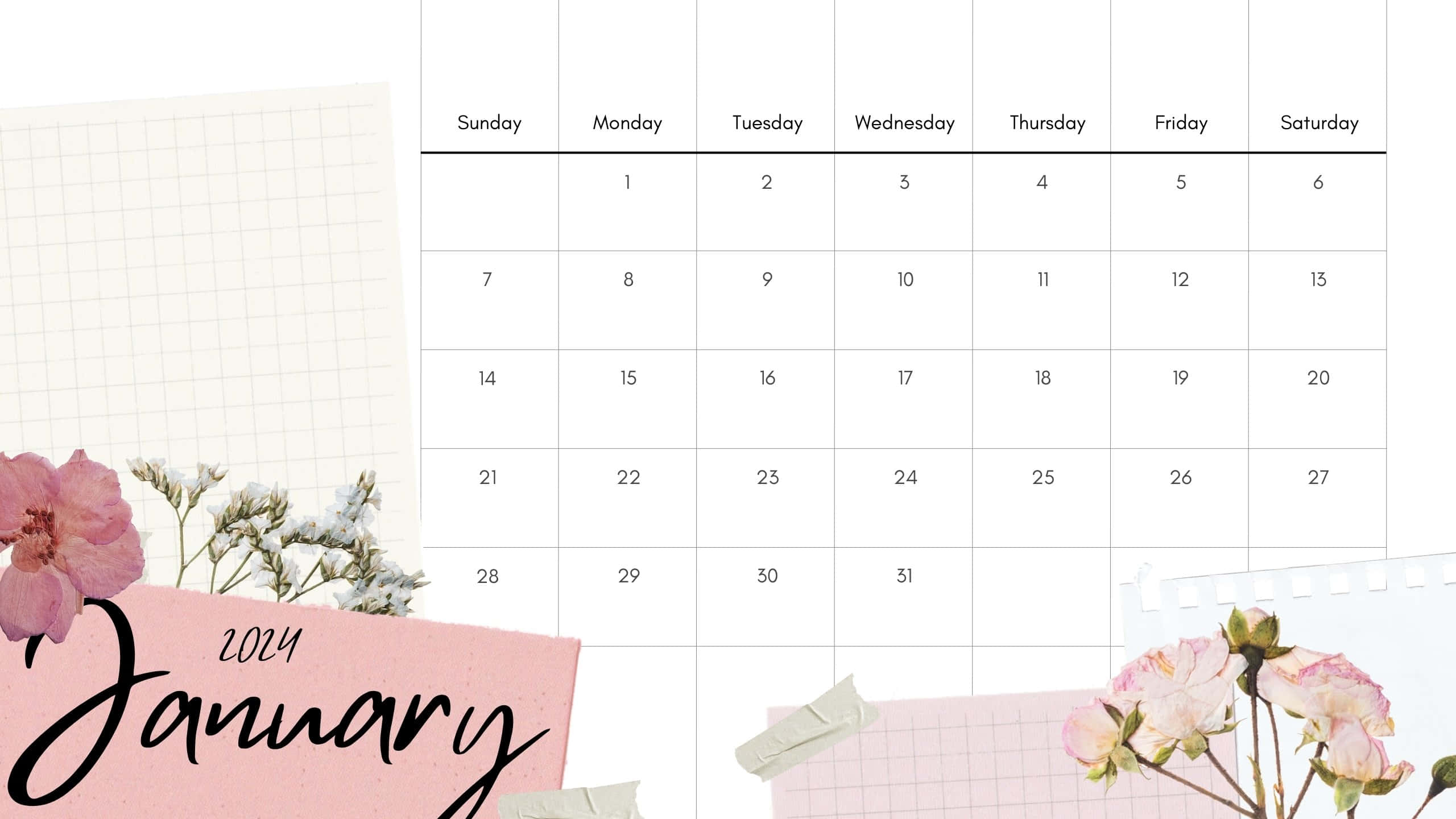 January 2024 Calendar, pink floral accents, grid paper elements, 2K Desktop Wallpaper