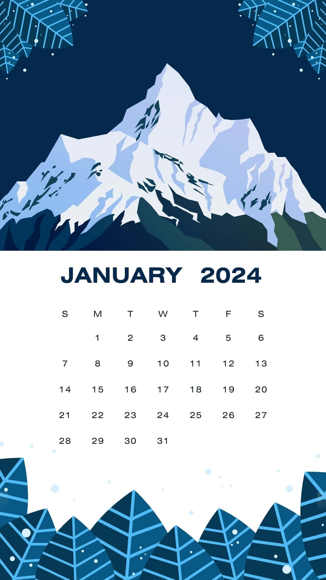 January 2024 Calendar, snow-capped mountain, dark blue sky, Full HD Phone Wallpaper