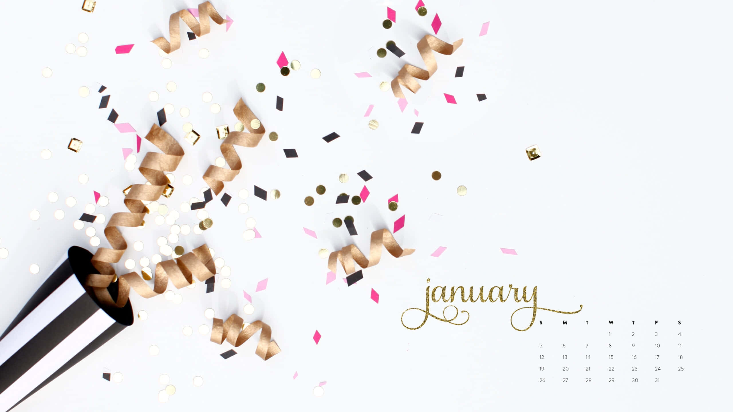 black and white party horn, gold pink and black confetti, minimalist January calendar, 2K Desktop Wallpaper