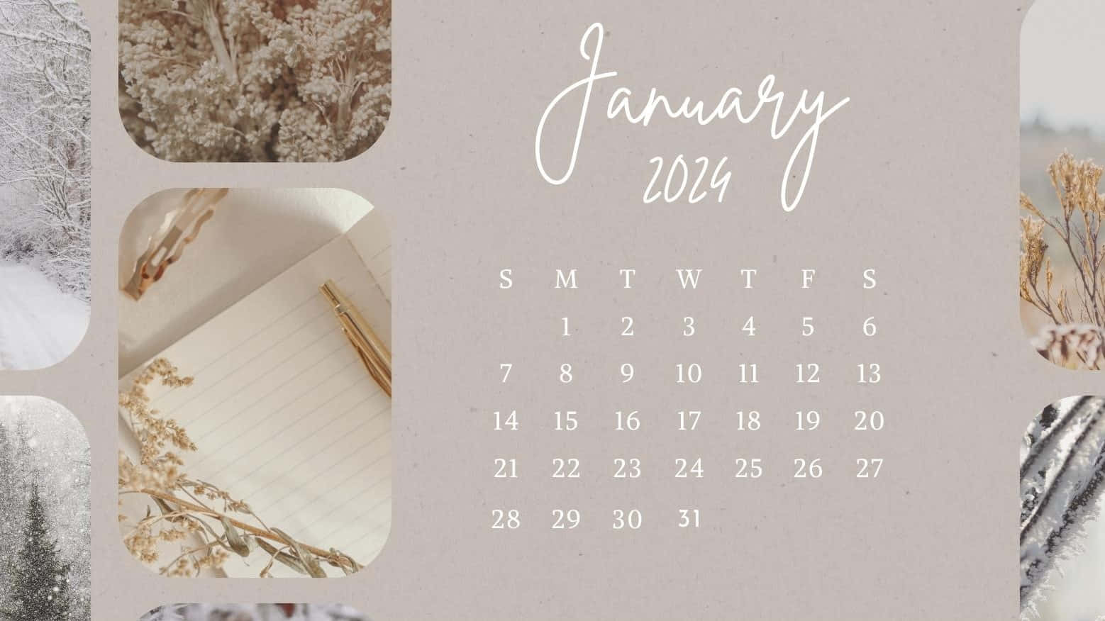 January 2024 Calendar, elegant script, beige background, HD Desktop Wallpaper