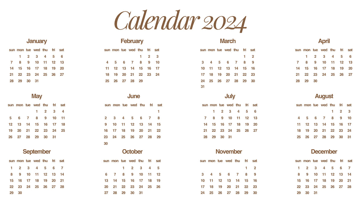 2024 yearly calendar overview, 2024 Yearly Calendar Overview Wallpaper, elegant brown script header, SD Desktop Wallpaper